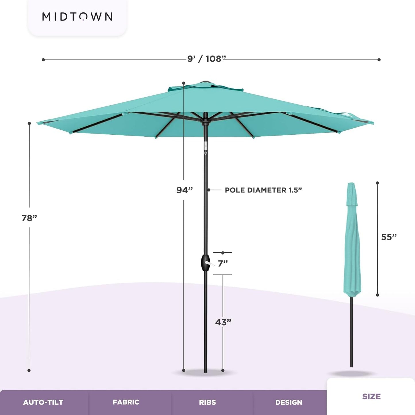 Midtown Umbrellas 10-Year-No-Fade - 9 Ft - UV Proof Navy Blue Polyester Fabric - Umbrella Outdoor Patio, Auto-Tilt Aluminum Frame Patio Umbrella for Garden, Pool & Deck - Black Pole