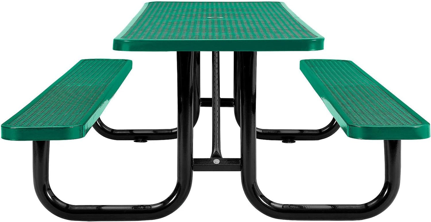 Global Industrial 8’L Rectangular Picnic Table, Expanded Metal, Green Thermoplastic Coating, Attached Benches, 1-1/2” Umbrella Pole Hole, Outdoor-Rated, 1000 lb Capacity, 96” x 30” Tabletop