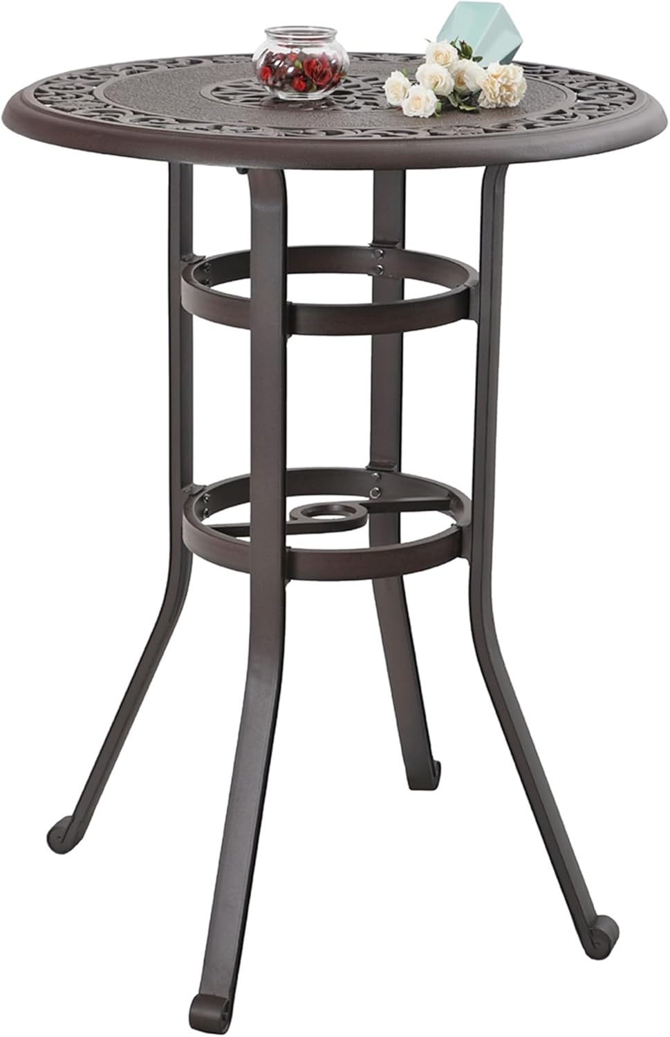 Sophia & William 6-Person Cast Aluminium Patio Bar Height Table Round, Outdoor Tall Bistro Pub Height Table with 2.2" Umbrella Hole for Porch Balcony Backyard, Bronze