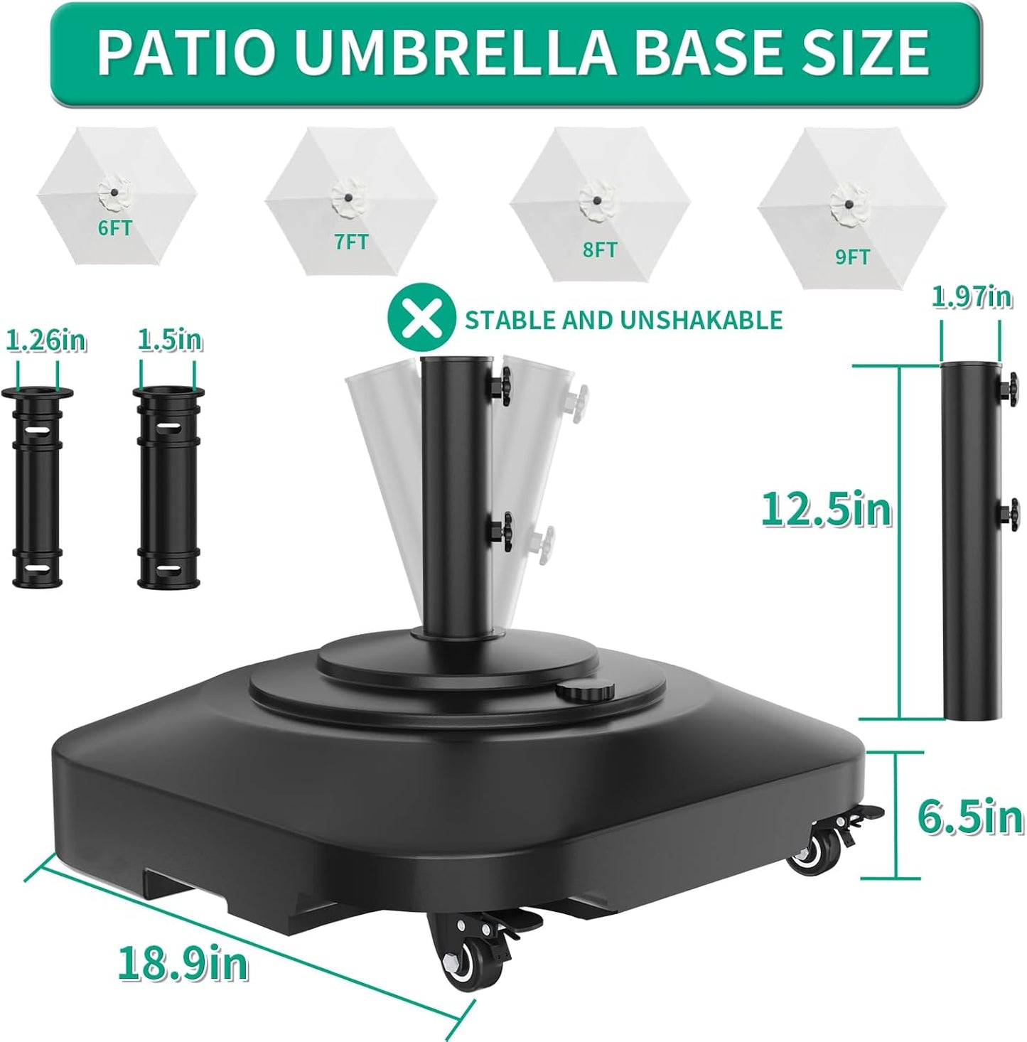 Umbrella Base with Wheels, Umbrella Stand Base Heavy Duty 100lb Windproof, Fillable Umbrella Base Mobile Square Umbrella Stand Outdoor Base for Patio, Deck, Poolside, Lawn, Fits Most Sized Umbrellas