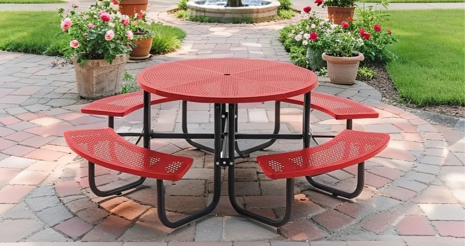 72" Picnic Table for Outdoors, Metal Picnic Table with 2 Built-in Benches, 1 Umbrella Pole, Heavy-Duty Structure for Patio, Garden, Courtyard and BBQ, Blue