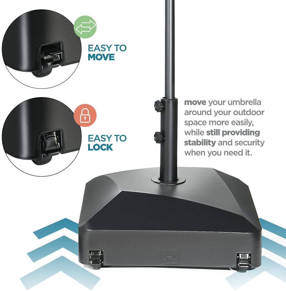 Umbrella Base - Fillable Umbrella Pole Holder 2 Knobs, with Heavy Duty Windproof Design for Patio, Deck, Poolside, Garden. 4 Wheels, 2 Locks, Holds 125 lbs, Classic Black