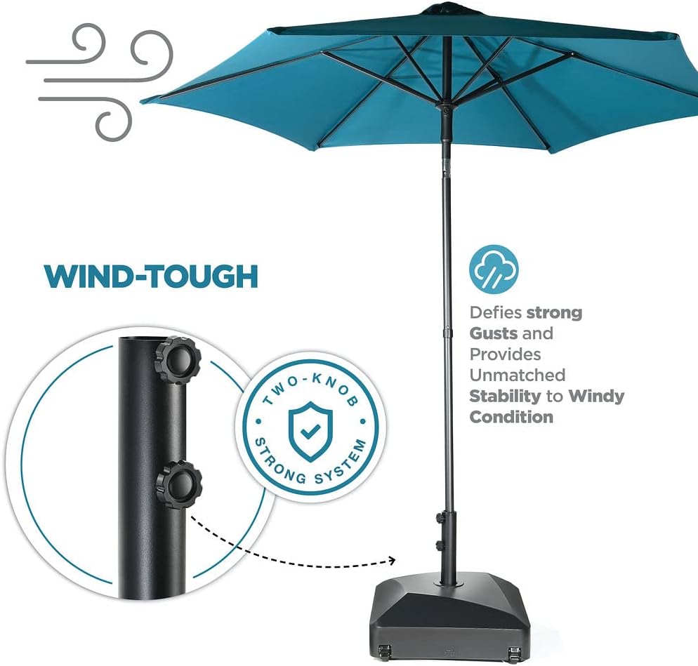 Umbrella Base - Fillable Umbrella Pole Holder 2 Knobs, with Heavy Duty Windproof Design for Patio, Deck, Poolside, Garden. 4 Wheels, 2 Locks, Holds 125 lbs, Classic Black