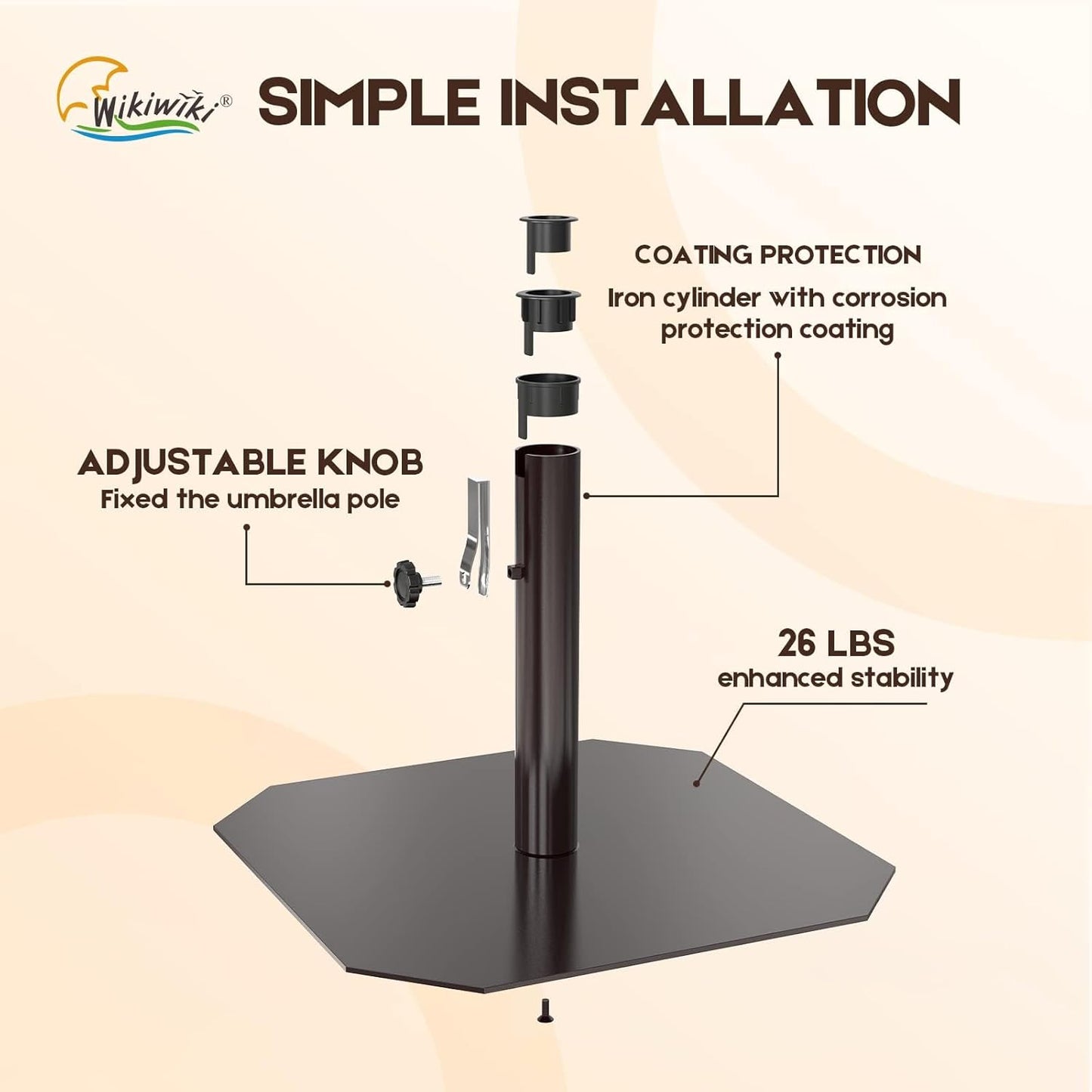 wikiwiki Iron Base Market Patio Umbrella All-Iron Weight Base Non-Rust Heavy Duty Outdoor Table Umbrella Weights Stand, 26 Lbs, Dark Brown