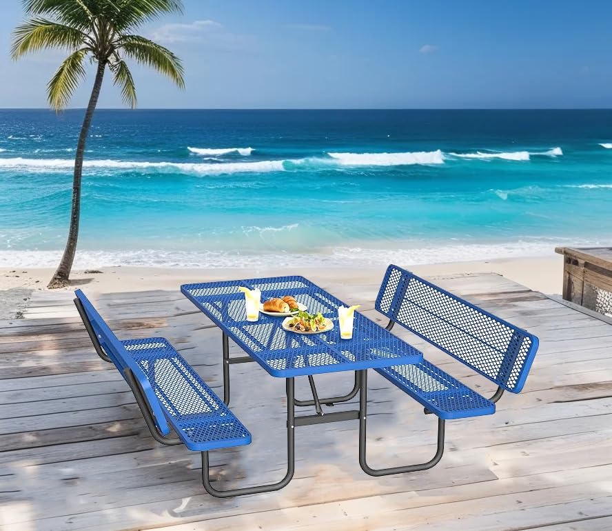 72" Picnic Table for Outdoors, Metal Picnic Table with 2 Built-in Benches, 1 Umbrella Pole, Heavy-Duty Structure for Patio, Garden, Courtyard and BBQ, Blue