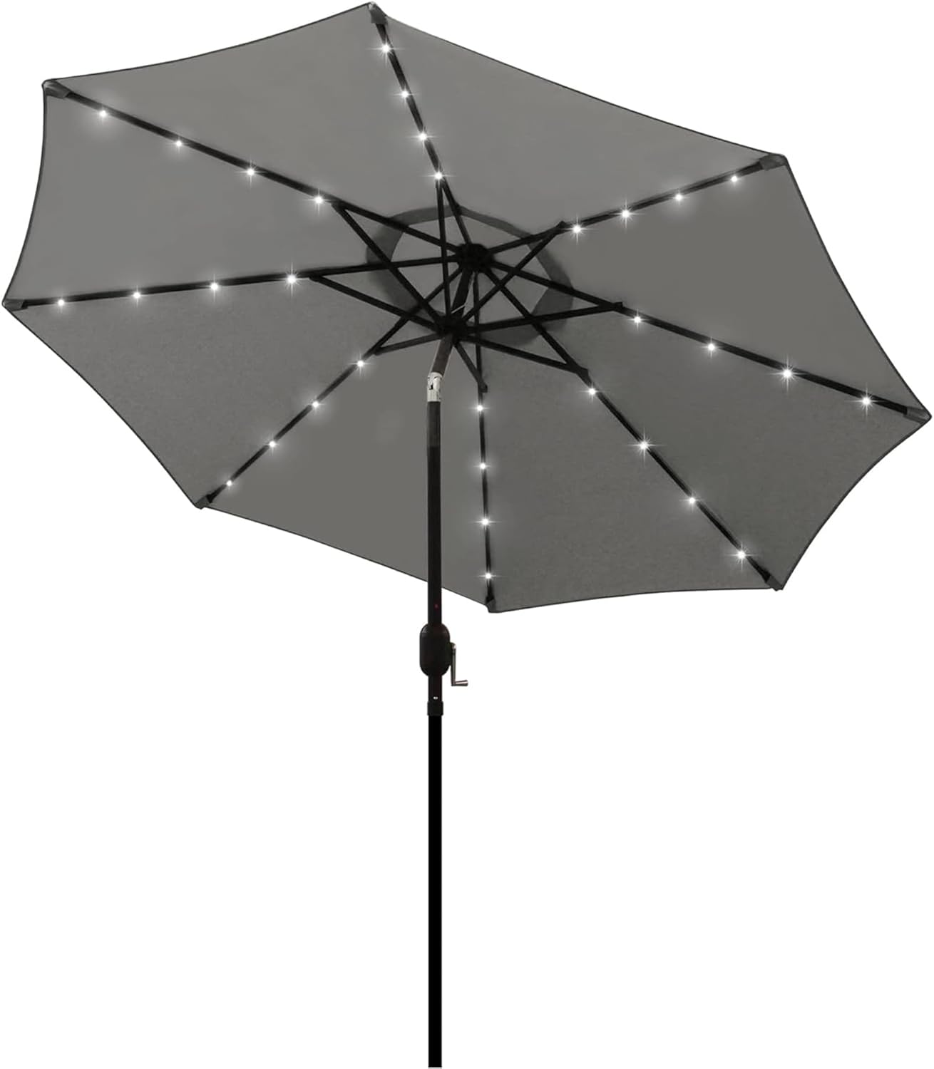 Blissun 9 ft Solar Umbrella 32 LED Lighted Patio Umbrella Table Market Umbrella with Tilt and Crank Outdoor Umbrella for Garden, Deck, Backyard, Pool and Beach (Black and White)