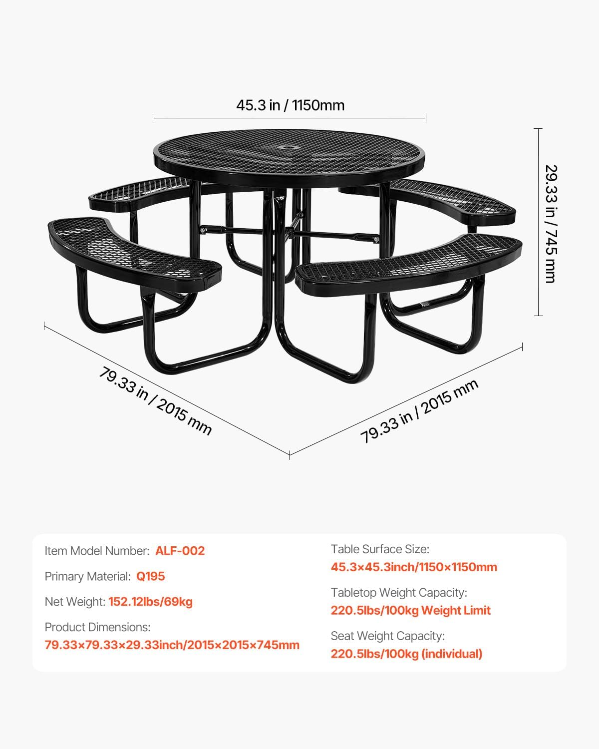 VEVOR Heavy-Duty Picnic Table, Outdoor Furniture Weather Resistant Patio Dining Set, Coated Steel Tables with Umbrella Hole, 46" Round Table and Bench Set, for Garden, Backyard, Porch (Black)