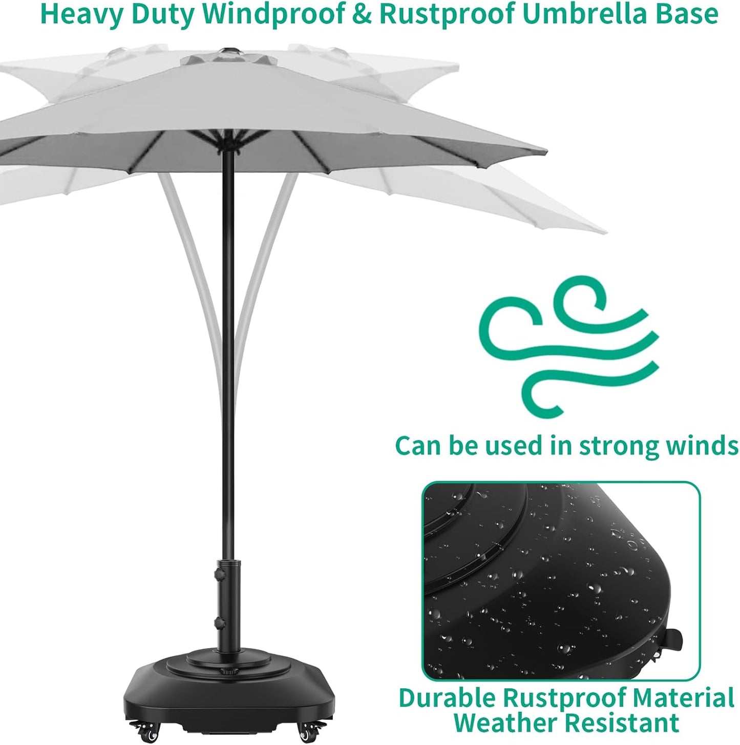 Umbrella Base with Wheels, Umbrella Stand Base Heavy Duty 100lb Windproof, Fillable Umbrella Base Mobile Square Umbrella Stand Outdoor Base for Patio, Deck, Poolside, Lawn, Fits Most Sized Umbrellas