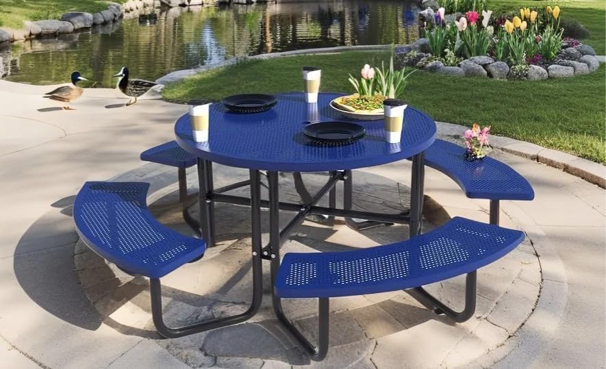 72" Picnic Table for Outdoors, Metal Picnic Table with 2 Built-in Benches, 1 Umbrella Pole, Heavy-Duty Structure for Patio, Garden, Courtyard and BBQ, Blue