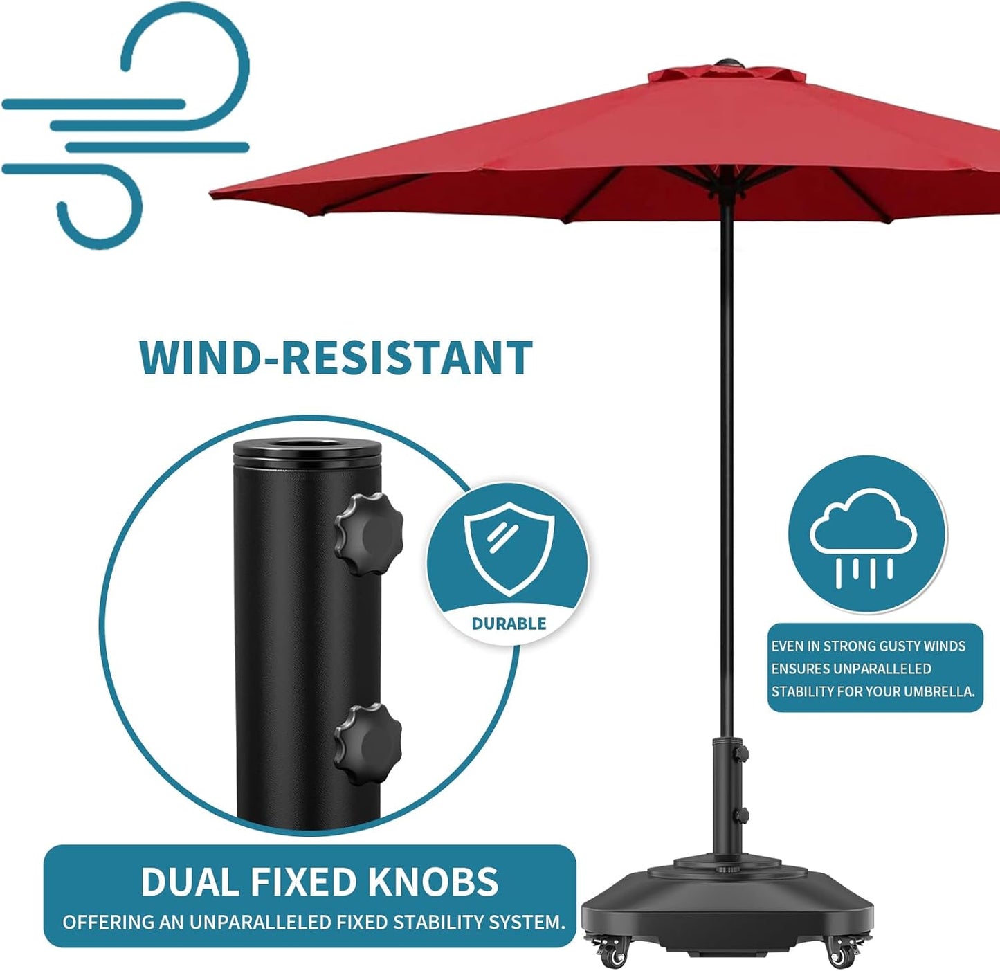 Patio Umbrella Base,Heavy Duty Umbrella Stand with 5 Wheels, Max 135lb Fillable Umbrella Holder Wind-Resistant, Mobile Square Market Stand for Outdoor, Deck, Poolside, Lawn, Fits Most Sized Umbrellas