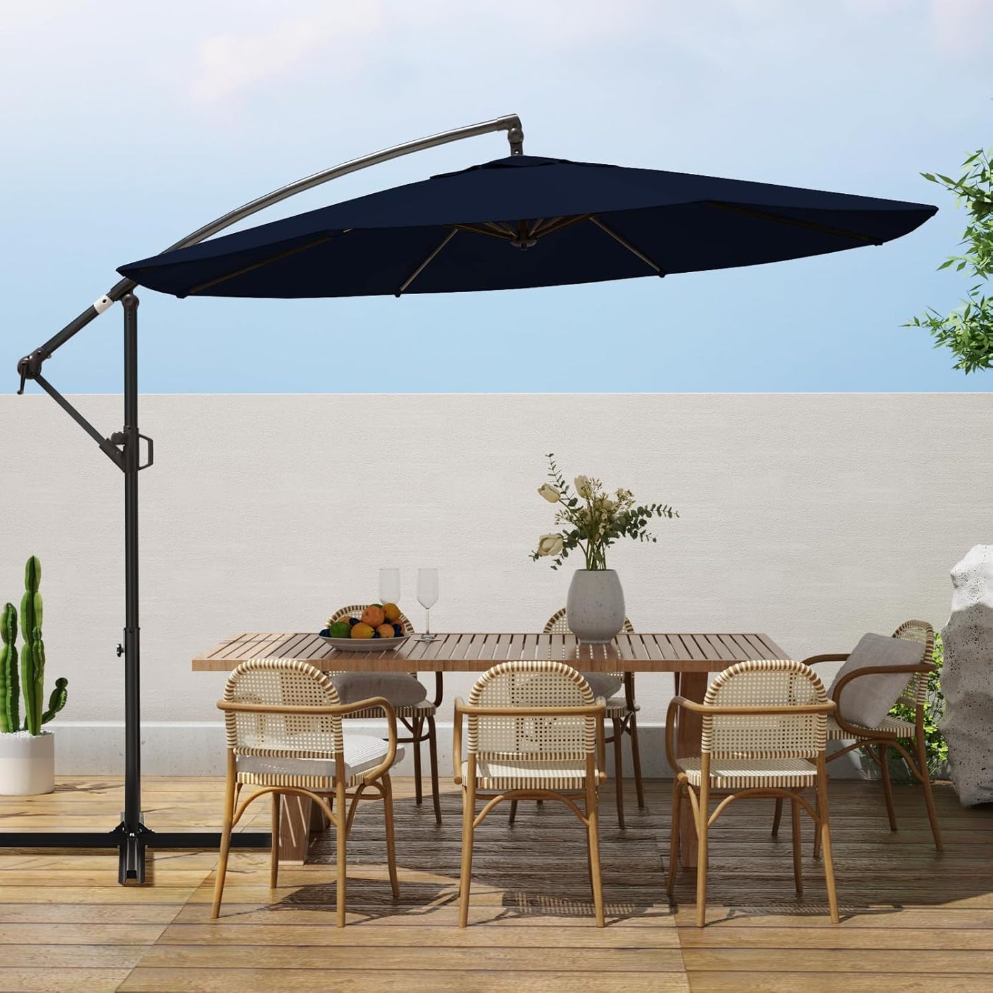 wikiwiki 10ft Patio Umbrellas Offset Outdoor Cantilever Hanging Umbrella w/Infinite Tilt, Fade Resistant Waterproof Recycled Fabric Canopy for Yard, Garden & Deck, Beige