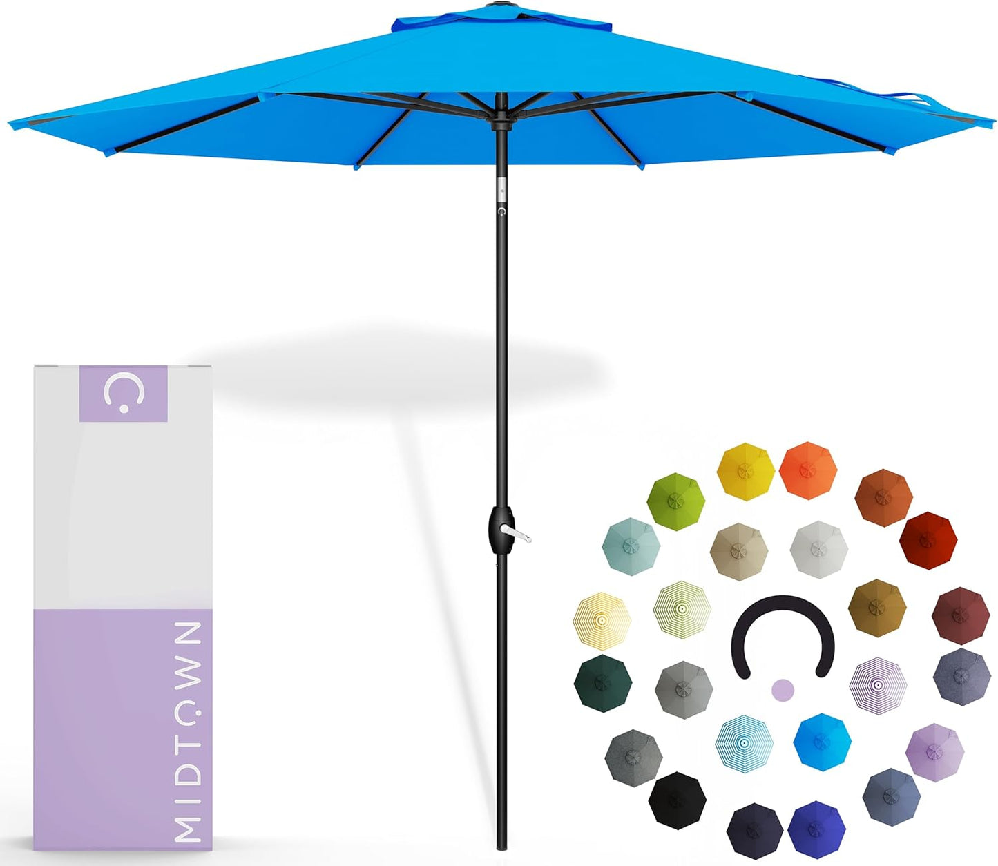 Midtown Umbrellas 10-Year-No-Fade - 9 Ft - UV Proof Navy Blue Polyester Fabric - Umbrella Outdoor Patio, Auto-Tilt Aluminum Frame Patio Umbrella for Garden, Pool & Deck - Black Pole