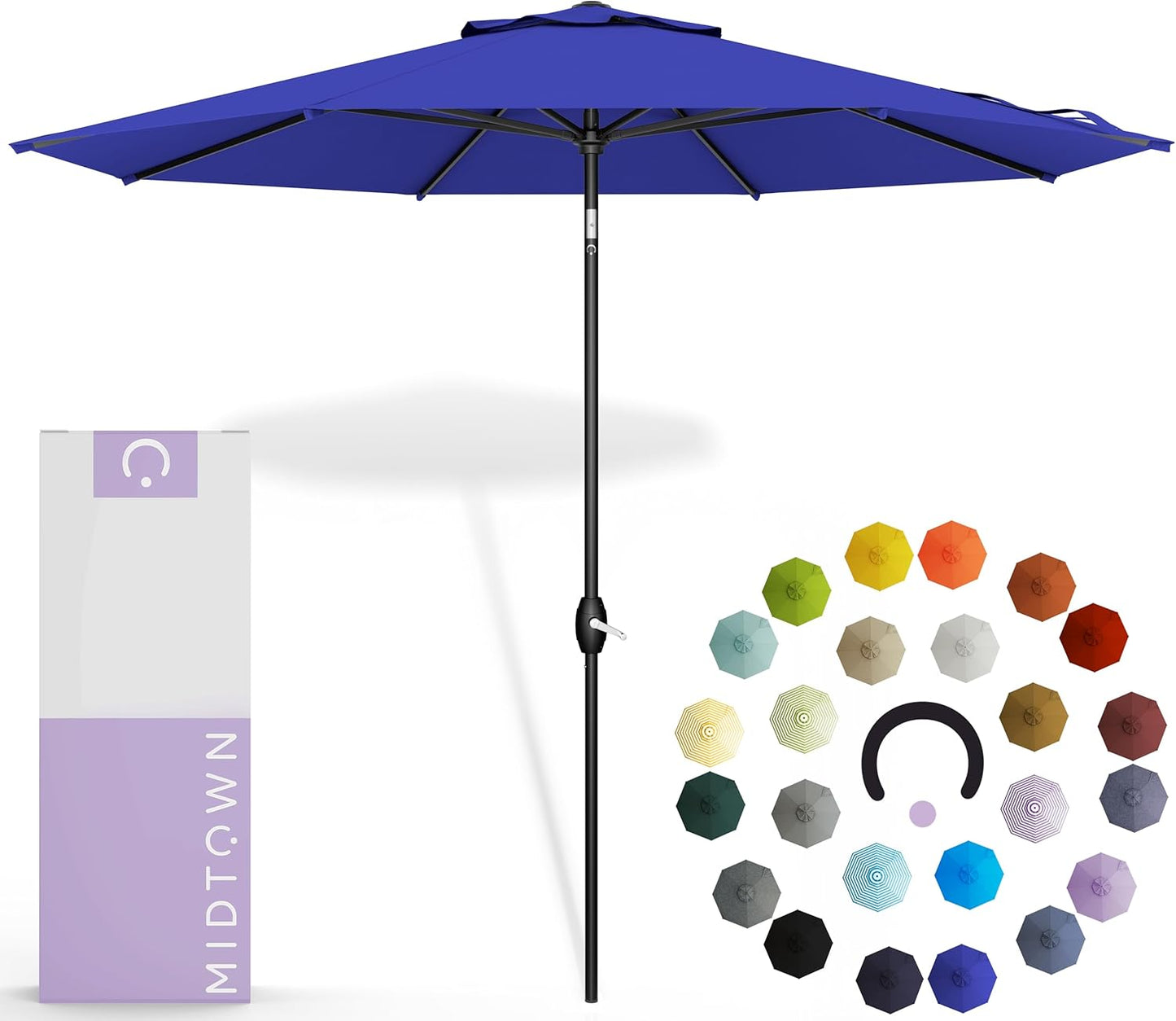 Midtown Umbrellas 10-Year-No-Fade - 9 Ft - UV Proof Navy Blue Polyester Fabric - Umbrella Outdoor Patio, Auto-Tilt Aluminum Frame Patio Umbrella for Garden, Pool & Deck - Black Pole