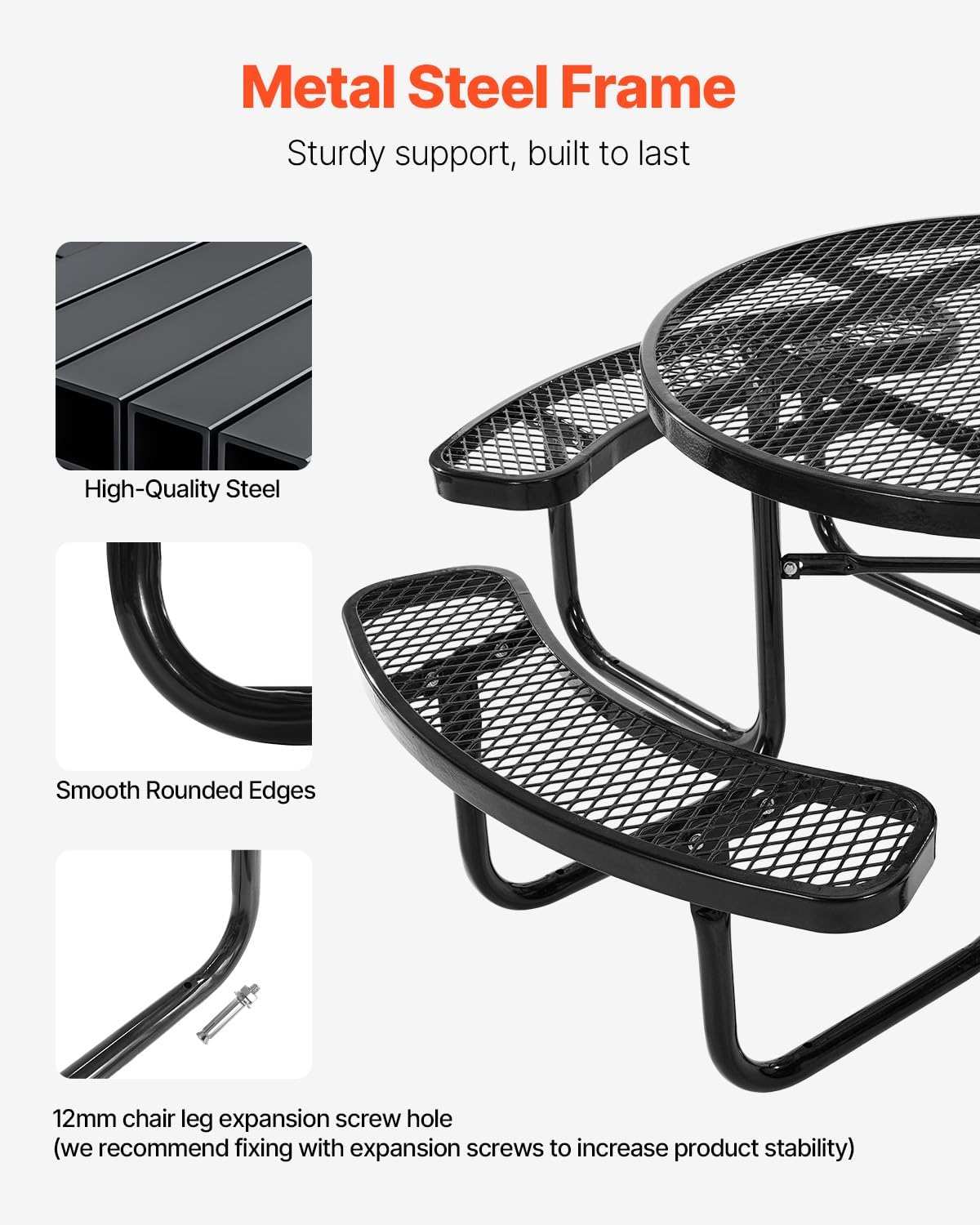 VEVOR Heavy-Duty Picnic Table, Outdoor Furniture Weather Resistant Patio Dining Set, Coated Steel Tables with Umbrella Hole, 46" Round Table and Bench Set, for Garden, Backyard, Porch (Black)