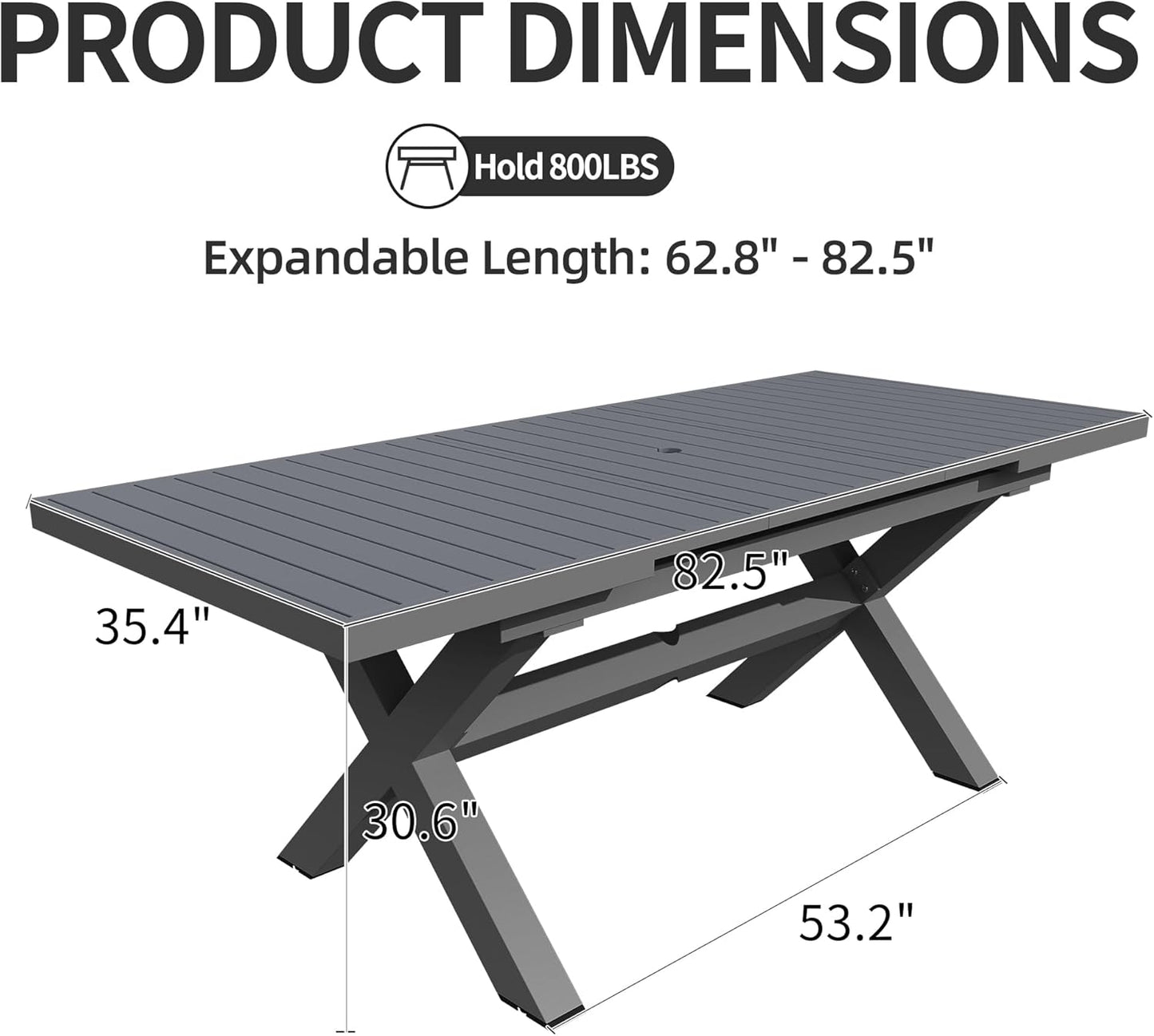 TWT Expandable Table Dining Set for 6 to 10, Aluminum Outdoor Dining Table, Rectangular Patio Metal Table with Umbrella Hole for Backyard Porch, Poolside & Garden, Easy Assembly, Dark Grey