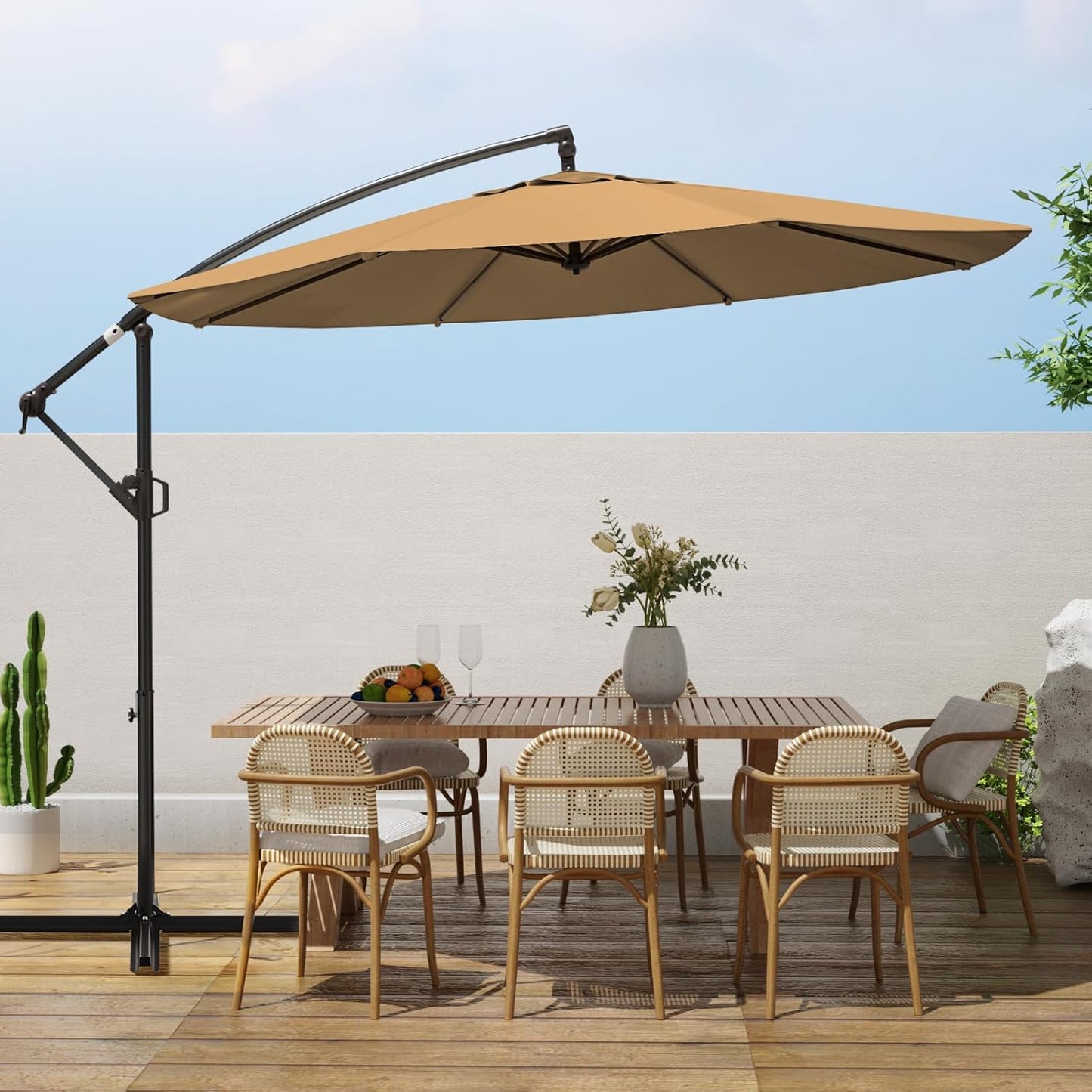 wikiwiki 10ft Patio Umbrellas Offset Outdoor Cantilever Hanging Umbrella w/Infinite Tilt, Fade Resistant Waterproof Recycled Fabric Canopy for Yard, Garden & Deck, Beige