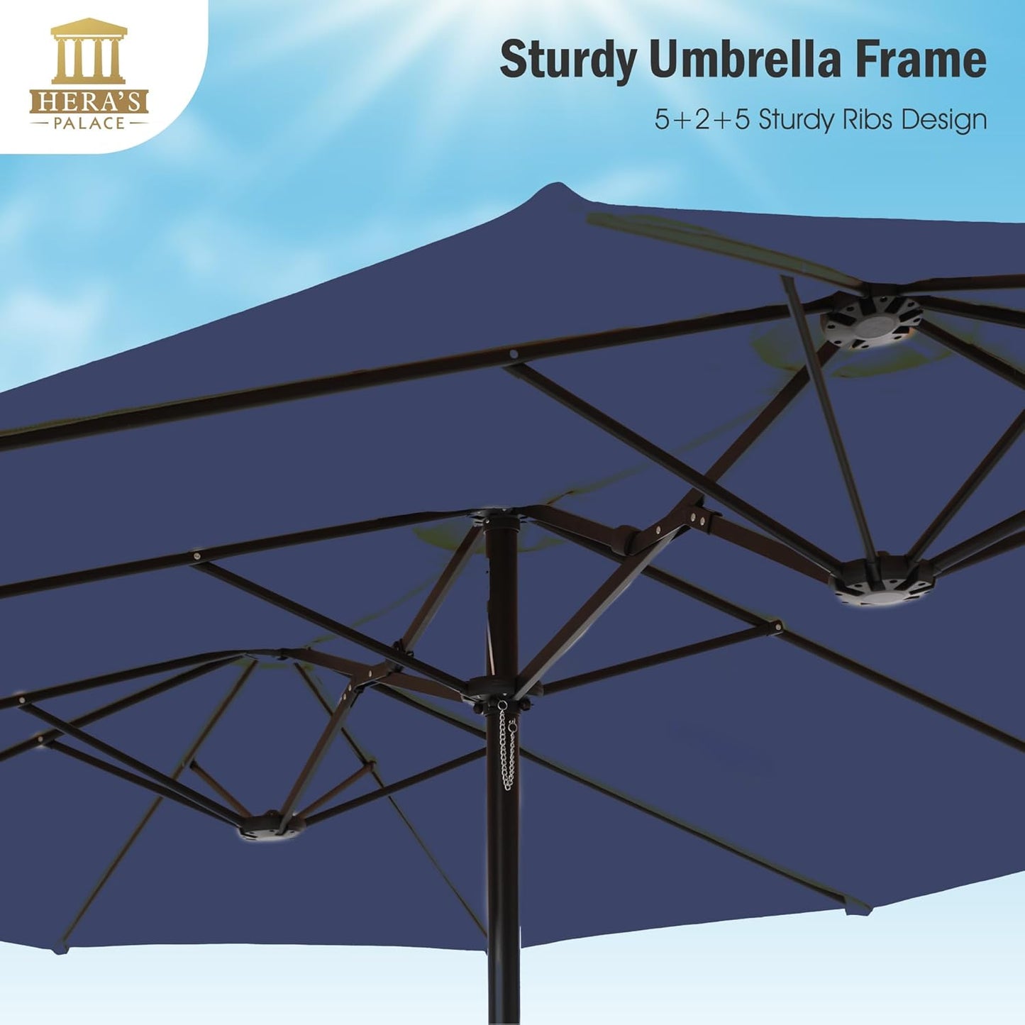 HERA'S PALACE Umbrella Patio Outdoor with Base 15ft Rectangle Table Double Market Umbrellas Clearance Large Heavy Duty Included Stand for Deck Outside Pool Picnic Inground Yard Commercial, Navy Blue