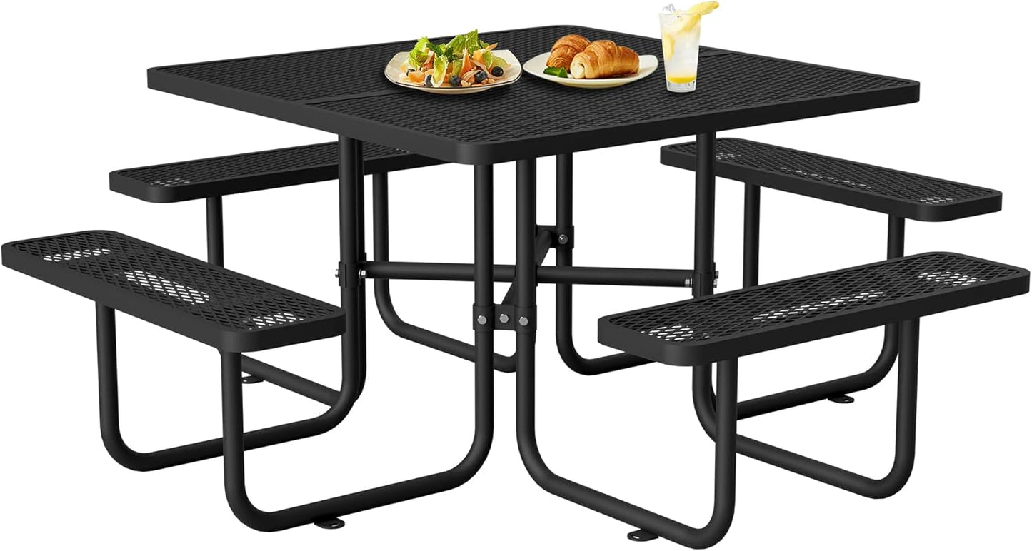 46" Round Metal Picnic Tables for Outdoors with Umbrella Hole Stainless Steel Commercial Grade Table with Seats, 8 Person Open Air Top Round Portable Outdoor Patio Picnic Table Furniture, Blue