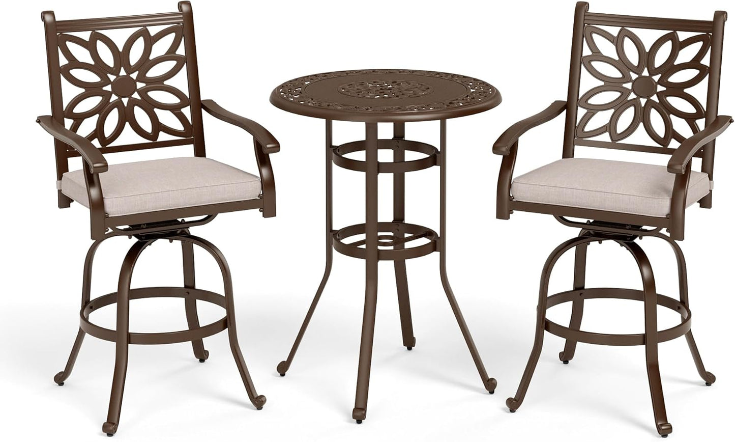 Sophia & William 6-Person Cast Aluminium Patio Bar Height Table Round, Outdoor Tall Bistro Pub Height Table with 2.2" Umbrella Hole for Porch Balcony Backyard, Bronze