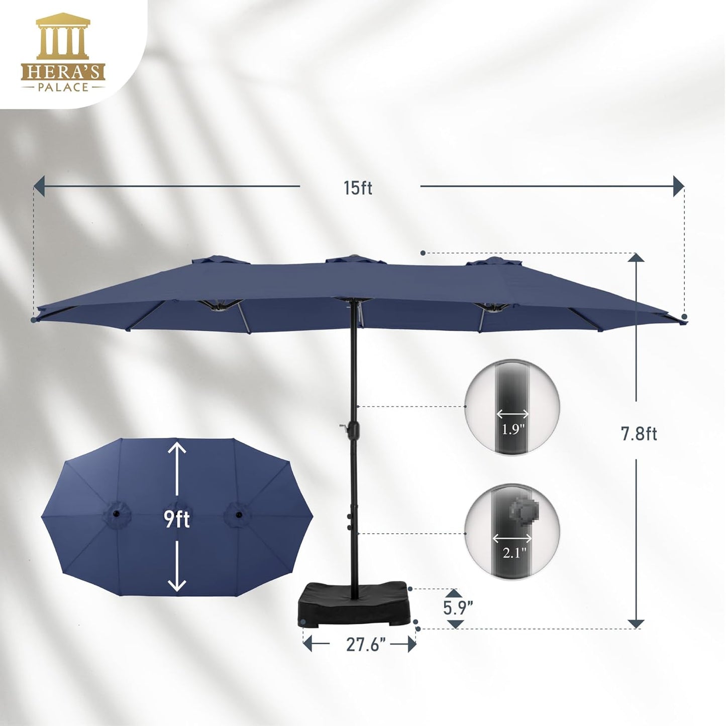 HERA'S PALACE Umbrella Patio Outdoor with Base 15ft Rectangle Table Double Market Umbrellas Clearance Large Heavy Duty Included Stand for Deck Outside Pool Picnic Inground Yard Commercial, Navy Blue