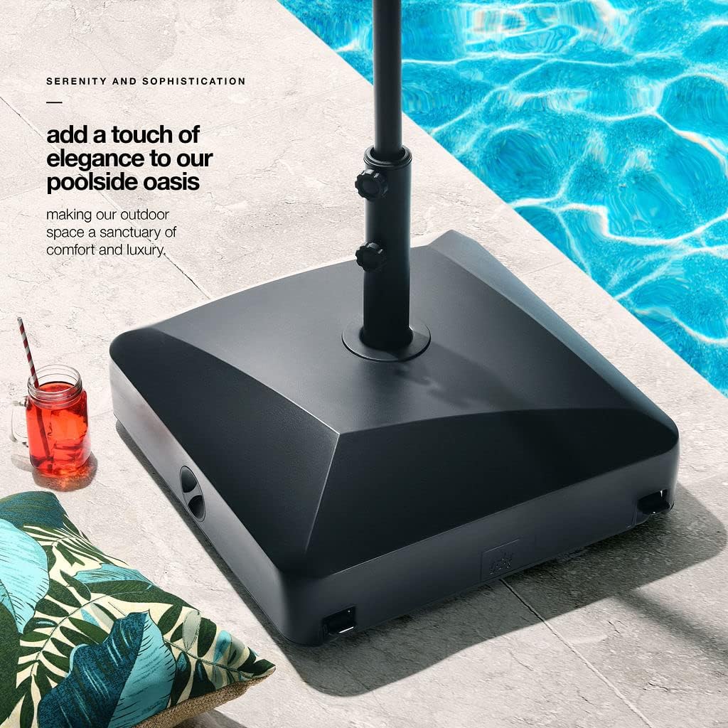 Umbrella Base - Fillable Umbrella Pole Holder 2 Knobs, with Heavy Duty Windproof Design for Patio, Deck, Poolside, Garden. 4 Wheels, 2 Locks, Holds 125 lbs, Classic Black