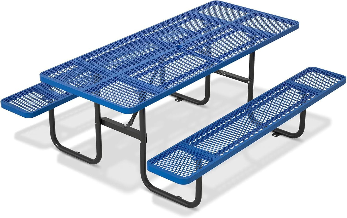 46" Round Metal Picnic Tables for Outdoors with Umbrella Hole Stainless Steel Commercial Grade Table with Seats, 8 Person Open Air Top Round Portable Outdoor Patio Picnic Table Furniture, Blue