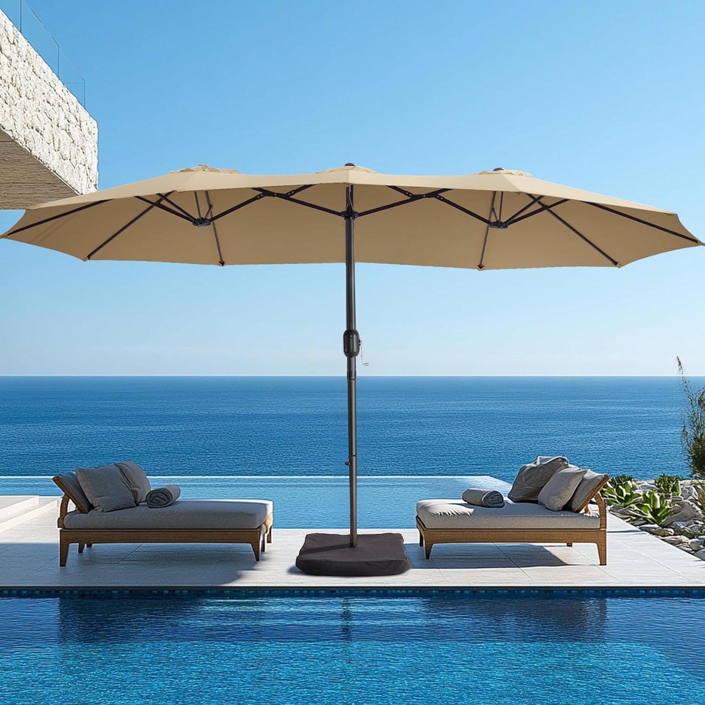 wikiwiki 15ft Large Patio Umbrellas with Base Included, Outdoor Double-Sided Umbrella with Crank Handle, Powerful UV Protective, for Pool Lawn Garden, Beige