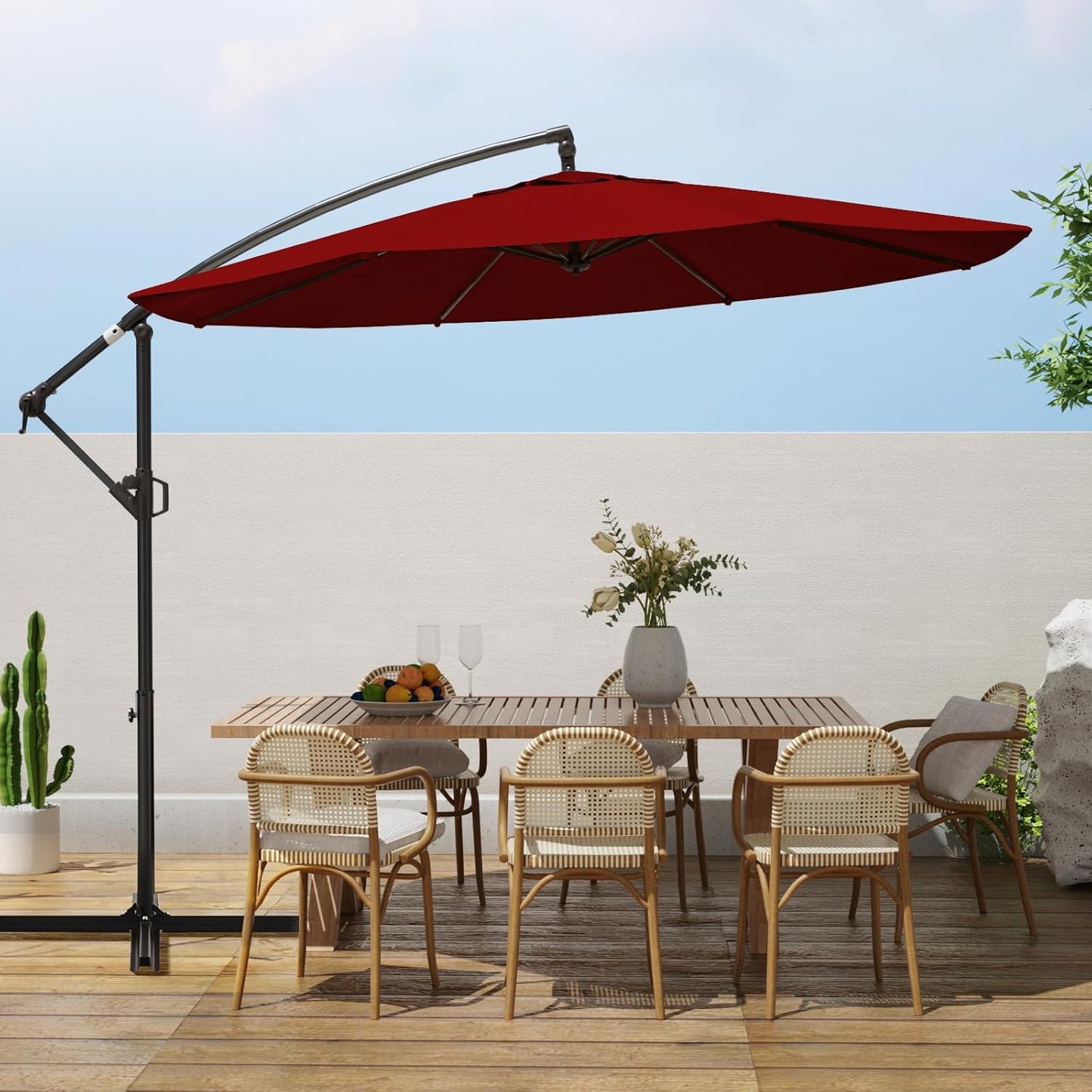 wikiwiki 10ft Patio Umbrellas Offset Outdoor Cantilever Hanging Umbrella w/Infinite Tilt, Fade Resistant Waterproof Recycled Fabric Canopy for Yard, Garden & Deck, Beige
