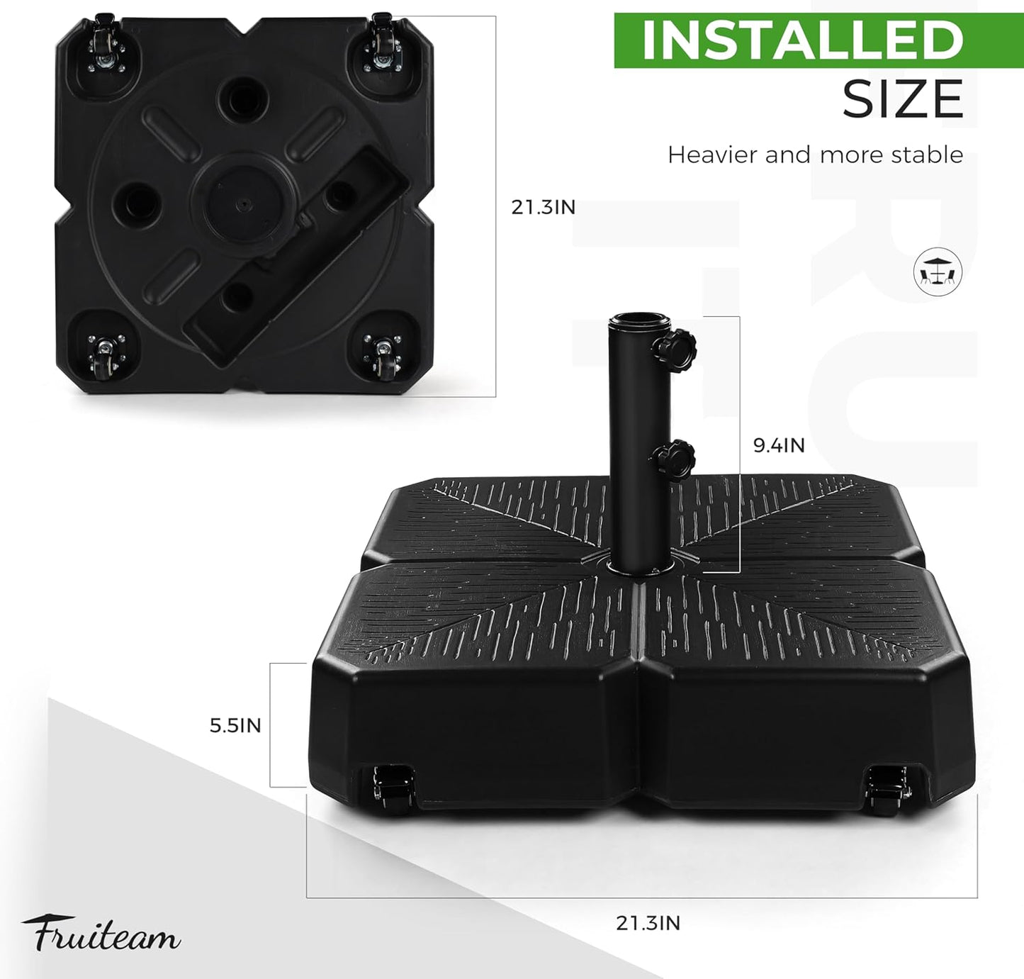 FRUITEAM 110lb Capacity Fillable Portable Umbrella Base with Wheels,Patio Umbrella Base Water & Sand Filled Umbrella Stand for Garden,Outdoor,Deck w/2 Locks,2Knobs