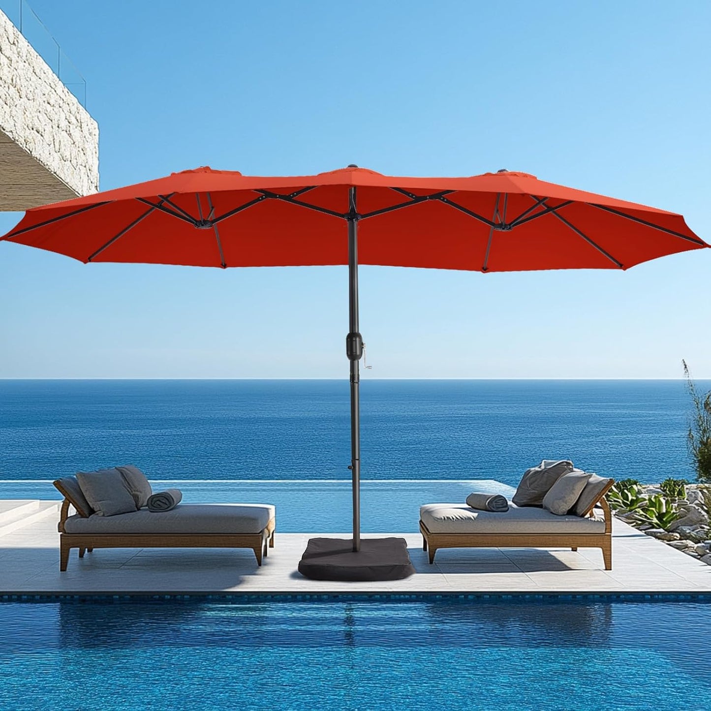 wikiwiki 15ft Large Patio Umbrellas with Base Included, Outdoor Double-Sided Umbrella with Crank Handle, Powerful UV Protective, for Pool Lawn Garden, Beige