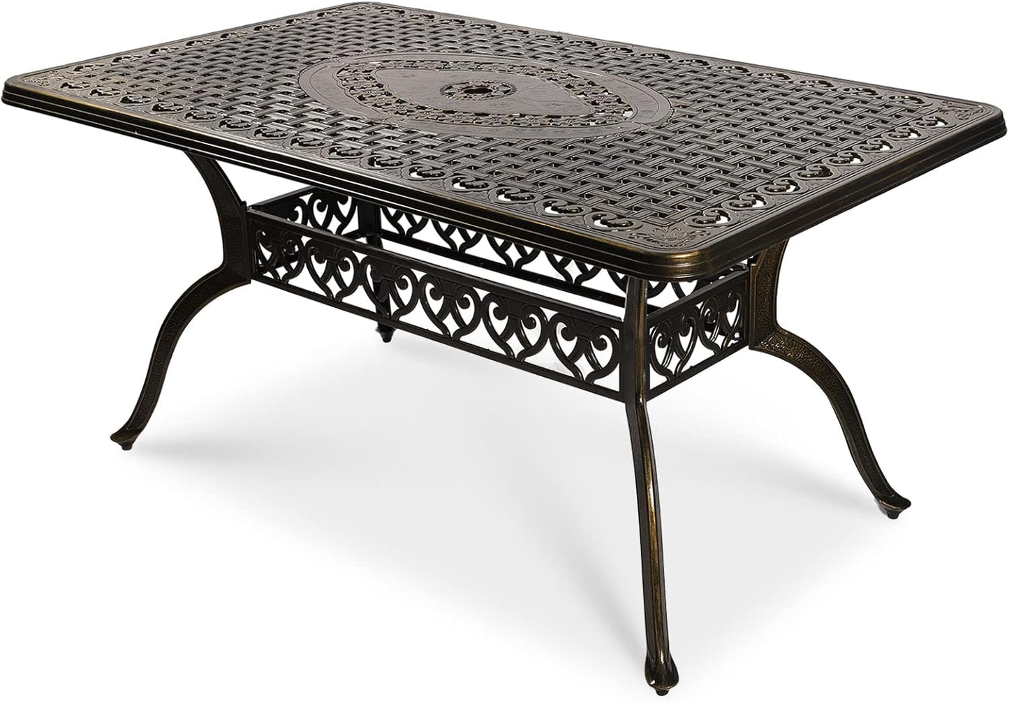 VIVIJASON Large Patio Dining Table, Outdoor Oval Dining Table Fits for 6-8 Person, Bronze Cast Aluminum Rustic Patio Table with Umbrella Hole for Balcony, Porch and Deck