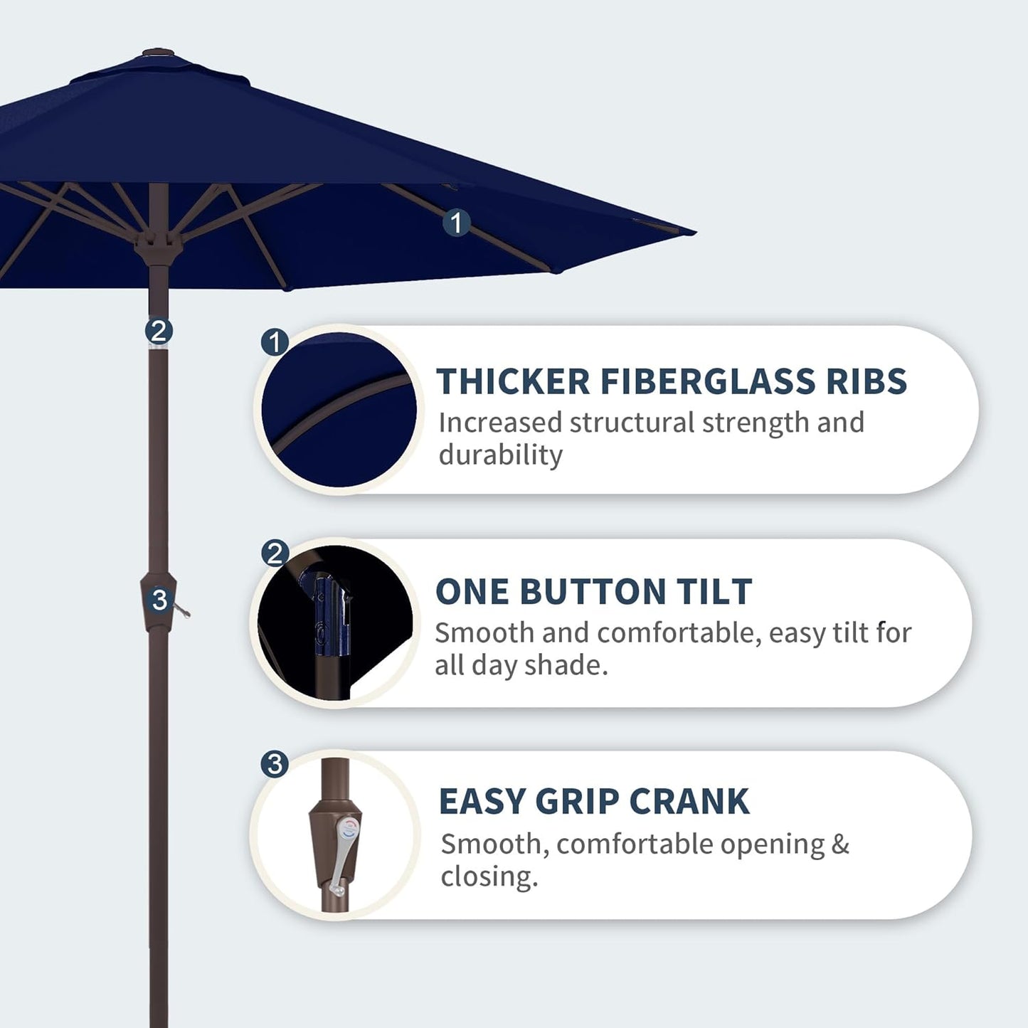 PatioKingdom 10FT Patio Umbrella with Push Button Tilt and Crank, Outdoor Market Umbrella with 8 Fiberglass Ribs, UV Protection Table Umbrella for Pool,Backyard,Garden,Deck(Navy, 10FT)