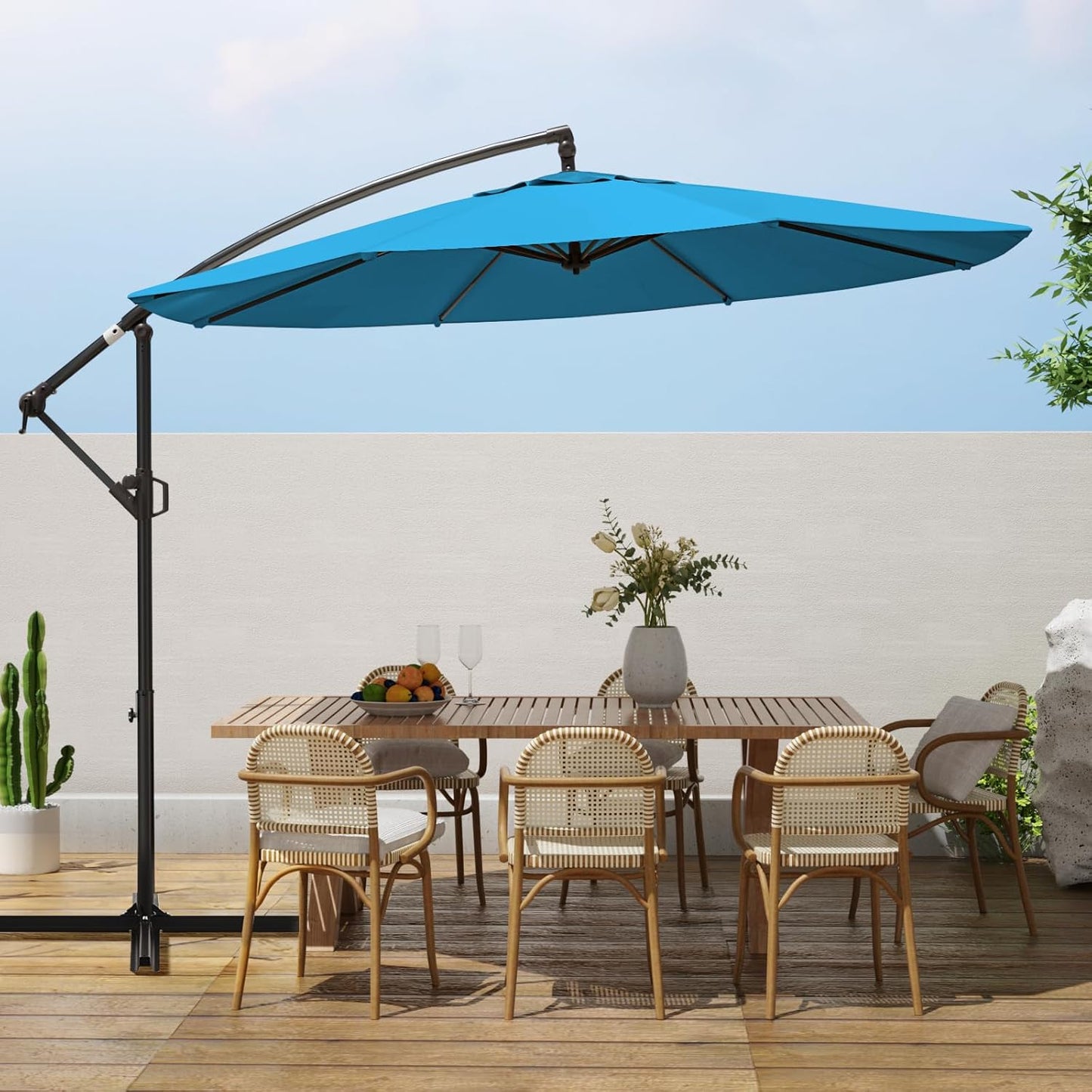 wikiwiki 10ft Patio Umbrellas Offset Outdoor Cantilever Hanging Umbrella w/Infinite Tilt, Fade Resistant Waterproof Recycled Fabric Canopy for Yard, Garden & Deck, Beige