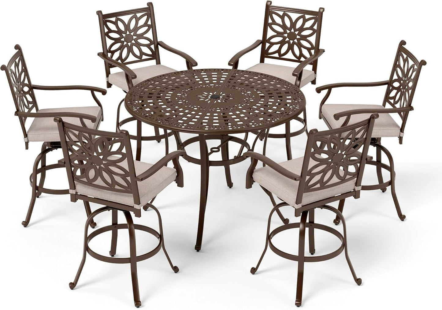 Sophia & William 6-Person Cast Aluminium Patio Bar Height Table Round, Outdoor Tall Bistro Pub Height Table with 2.2" Umbrella Hole for Porch Balcony Backyard, Bronze