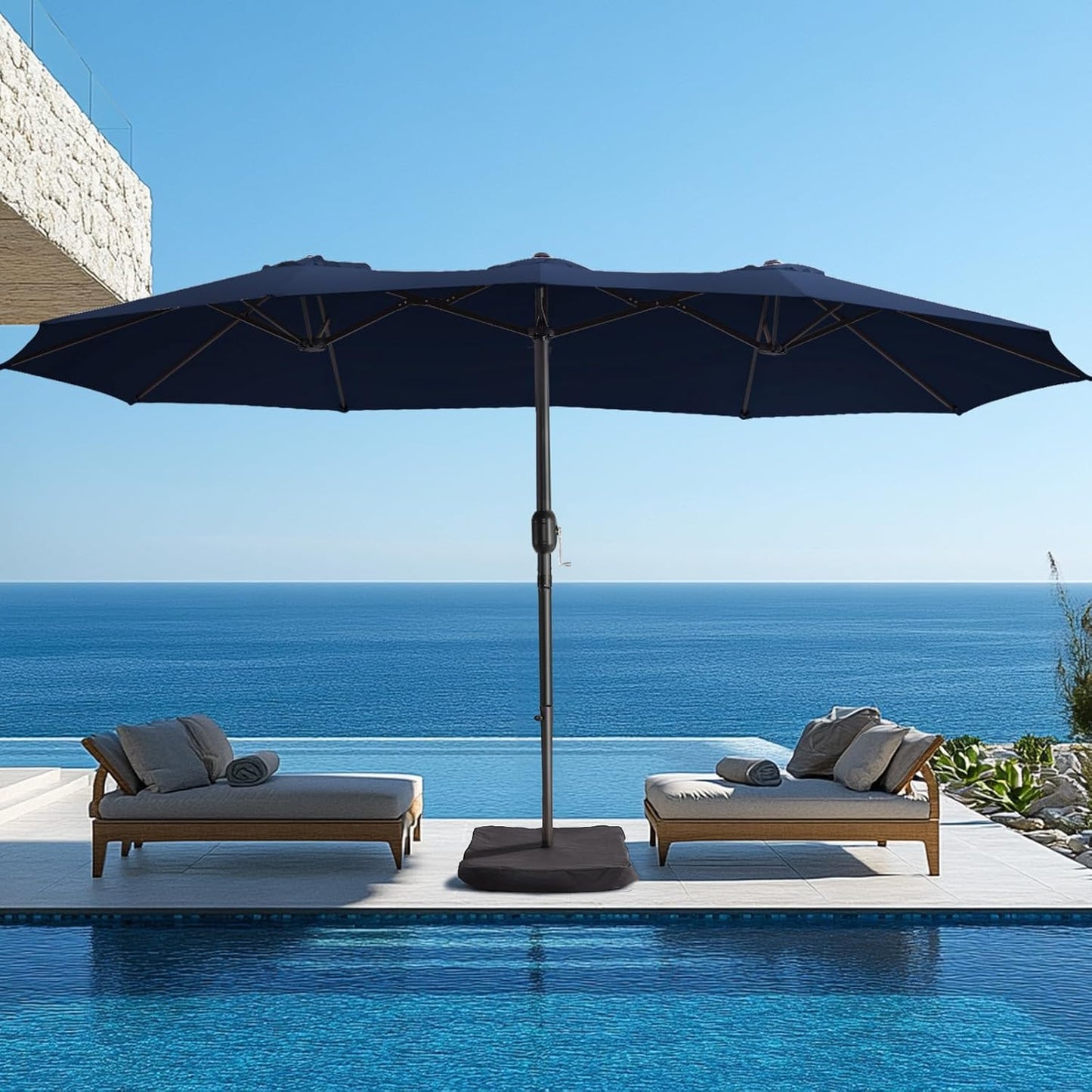 wikiwiki 15ft Large Patio Umbrellas with Base Included, Outdoor Double-Sided Umbrella with Crank Handle, Powerful UV Protective, for Pool Lawn Garden, Beige