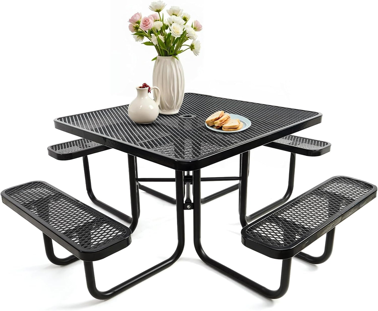 47'' Heavy Duty Picnic Round Table with Umbrella Hole, Expanded Meta Outdoor Metal Patio Dining Table Park Bench Set, Steel Mesh Outdoor Patio Furniture for Garden, Lawn, Patio, Porch, Park, Yard
