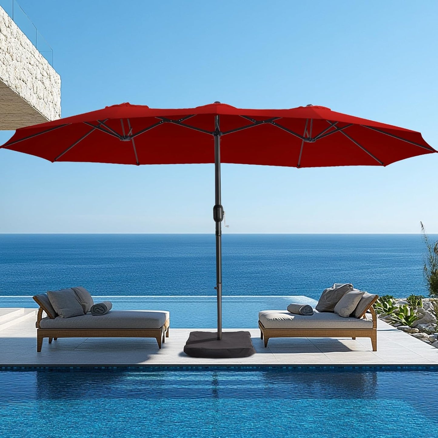 wikiwiki 15ft Large Patio Umbrellas with Base Included, Outdoor Double-Sided Umbrella with Crank Handle, Powerful UV Protective, for Pool Lawn Garden, Beige