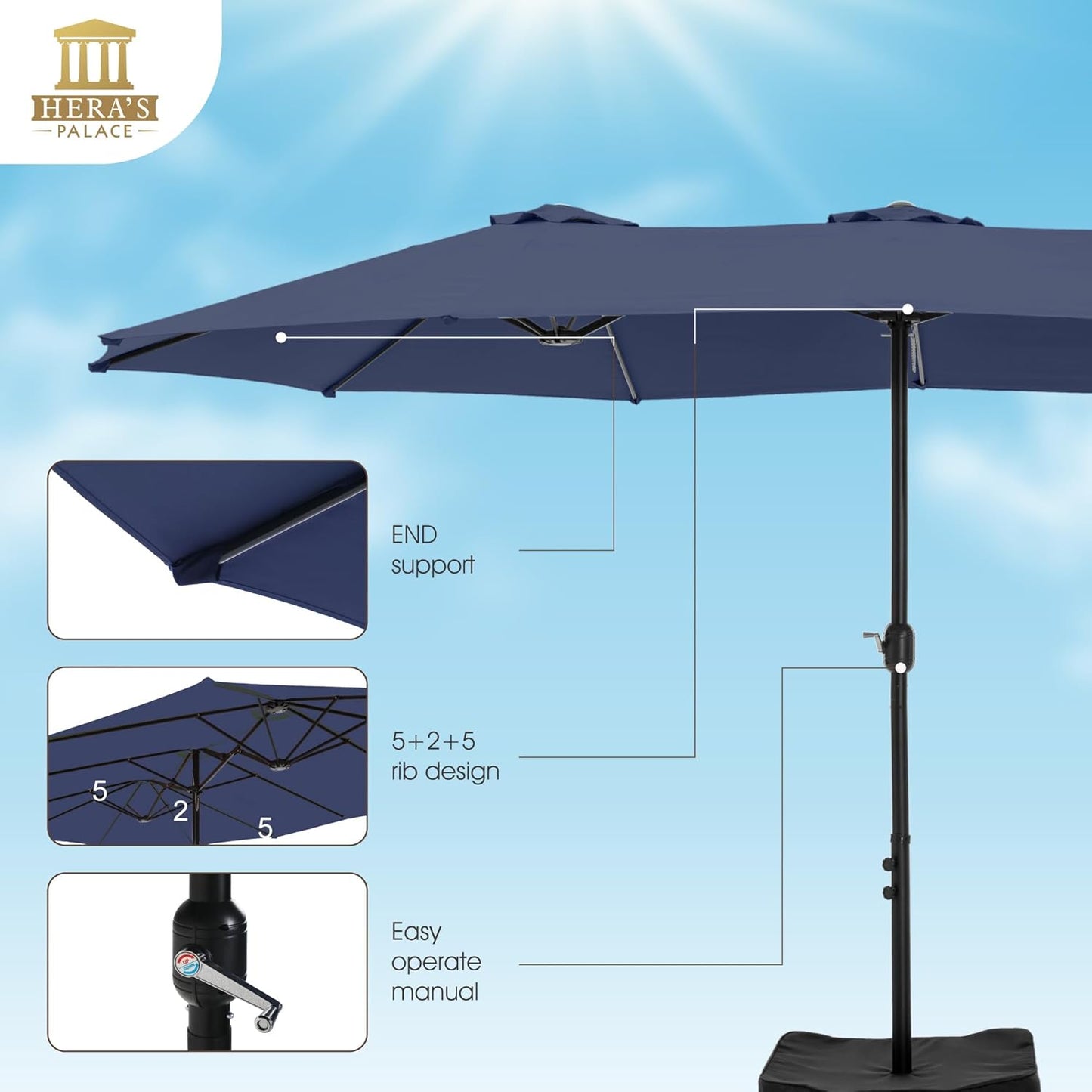 HERA'S PALACE Umbrella Patio Outdoor with Base 15ft Rectangle Table Double Market Umbrellas Clearance Large Heavy Duty Included Stand for Deck Outside Pool Picnic Inground Yard Commercial, Navy Blue