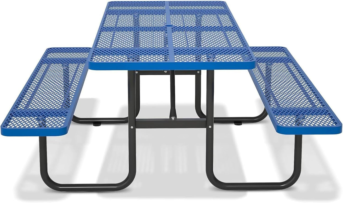 72" Picnic Table for Outdoors, Metal Picnic Table with 2 Built-in Benches, 1 Umbrella Pole, Heavy-Duty Structure for Patio, Garden, Courtyard and BBQ, Blue