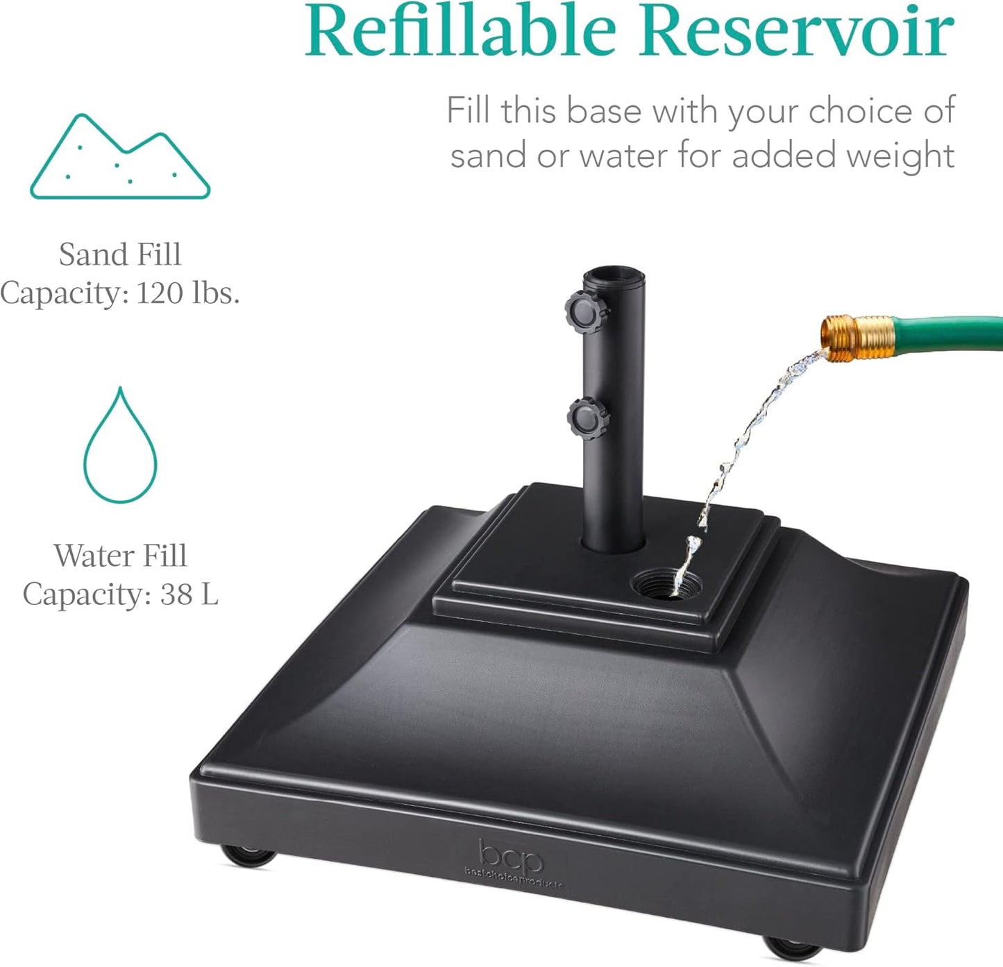 Best Choice Products Fillable Mobile Umbrella Base, Heavy Duty Base, Square Tiered Market Stand for Patio, Deck, Outdoor w/ 4 Wheels, 2 Locks, 2 Knobs, 120lb Capacity - Black