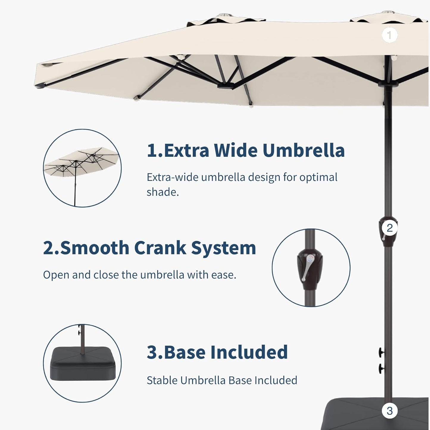 15FT Double Sided Patio Umbrella with Base Included Large Outdoor Market Umbrella with Crank Handle, UV Resistant Canopy, Sturdy Frame for Garden, Poolside, Deck, Creamy White