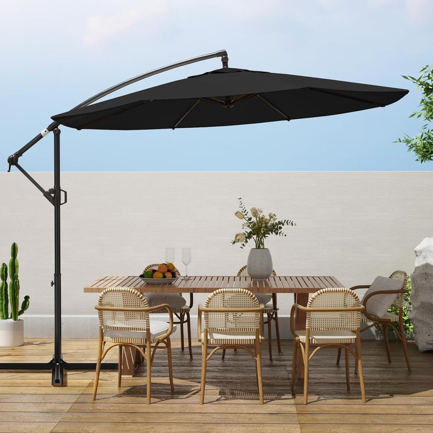 wikiwiki 10ft Patio Umbrellas Offset Outdoor Cantilever Hanging Umbrella w/Infinite Tilt, Fade Resistant Waterproof Recycled Fabric Canopy for Yard, Garden & Deck, Beige
