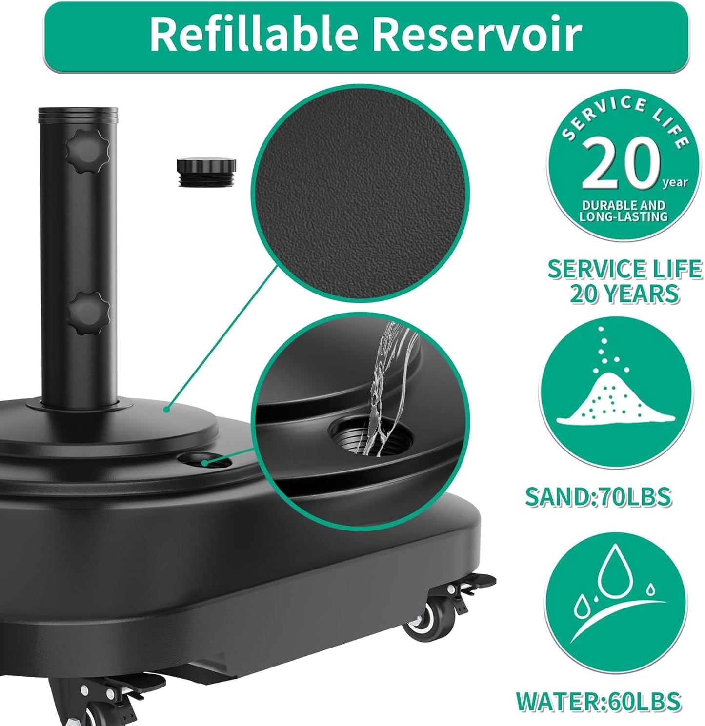 Umbrella Base with Wheels, Umbrella Stand Base Heavy Duty 100lb Windproof, Fillable Umbrella Base Mobile Square Umbrella Stand Outdoor Base for Patio, Deck, Poolside, Lawn, Fits Most Sized Umbrellas