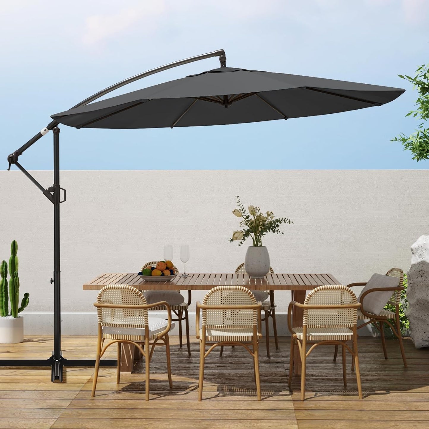 wikiwiki 10ft Patio Umbrellas Offset Outdoor Cantilever Hanging Umbrella w/Infinite Tilt, Fade Resistant Waterproof Recycled Fabric Canopy for Yard, Garden & Deck, Beige