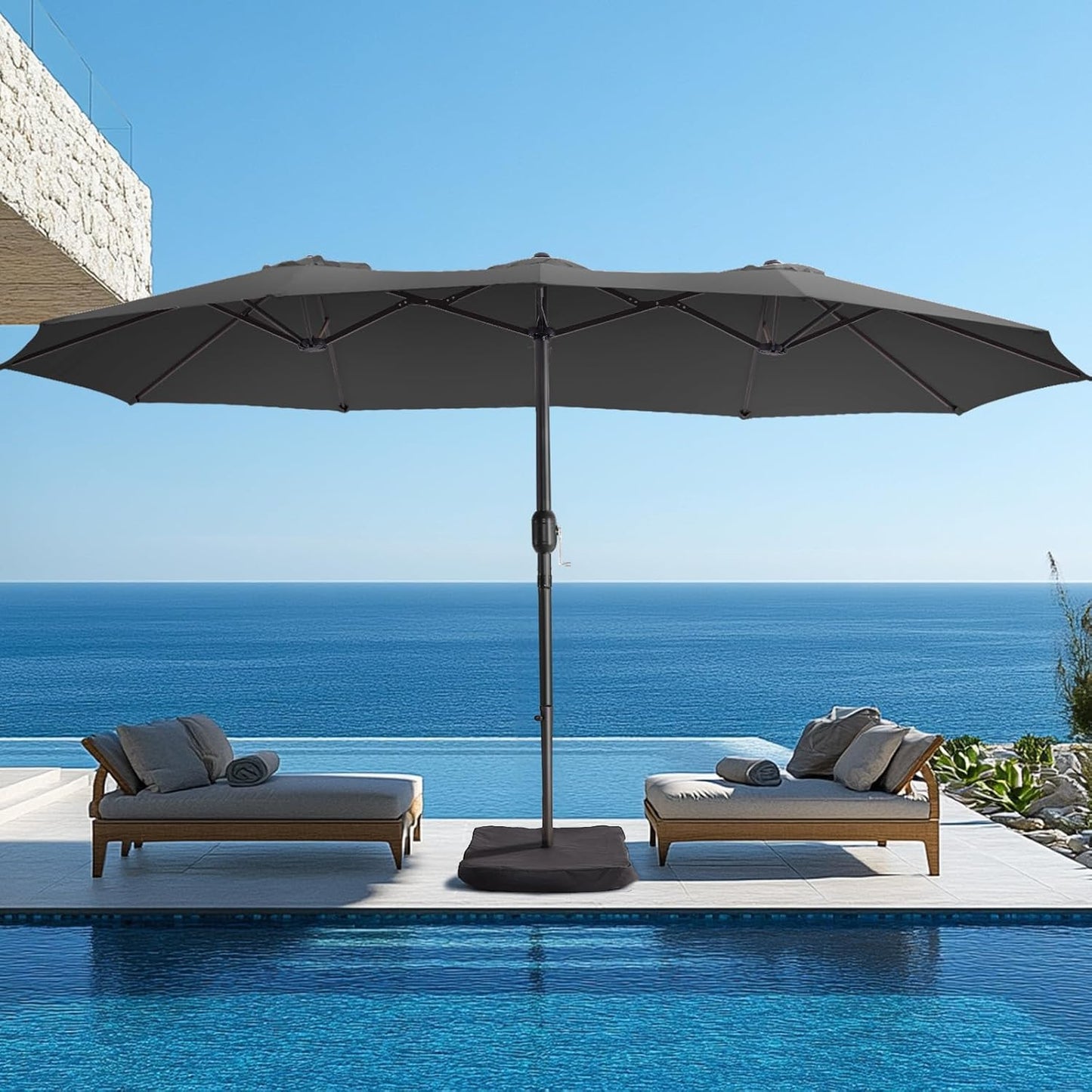 wikiwiki 15ft Large Patio Umbrellas with Base Included, Outdoor Double-Sided Umbrella with Crank Handle, Powerful UV Protective, for Pool Lawn Garden, Beige