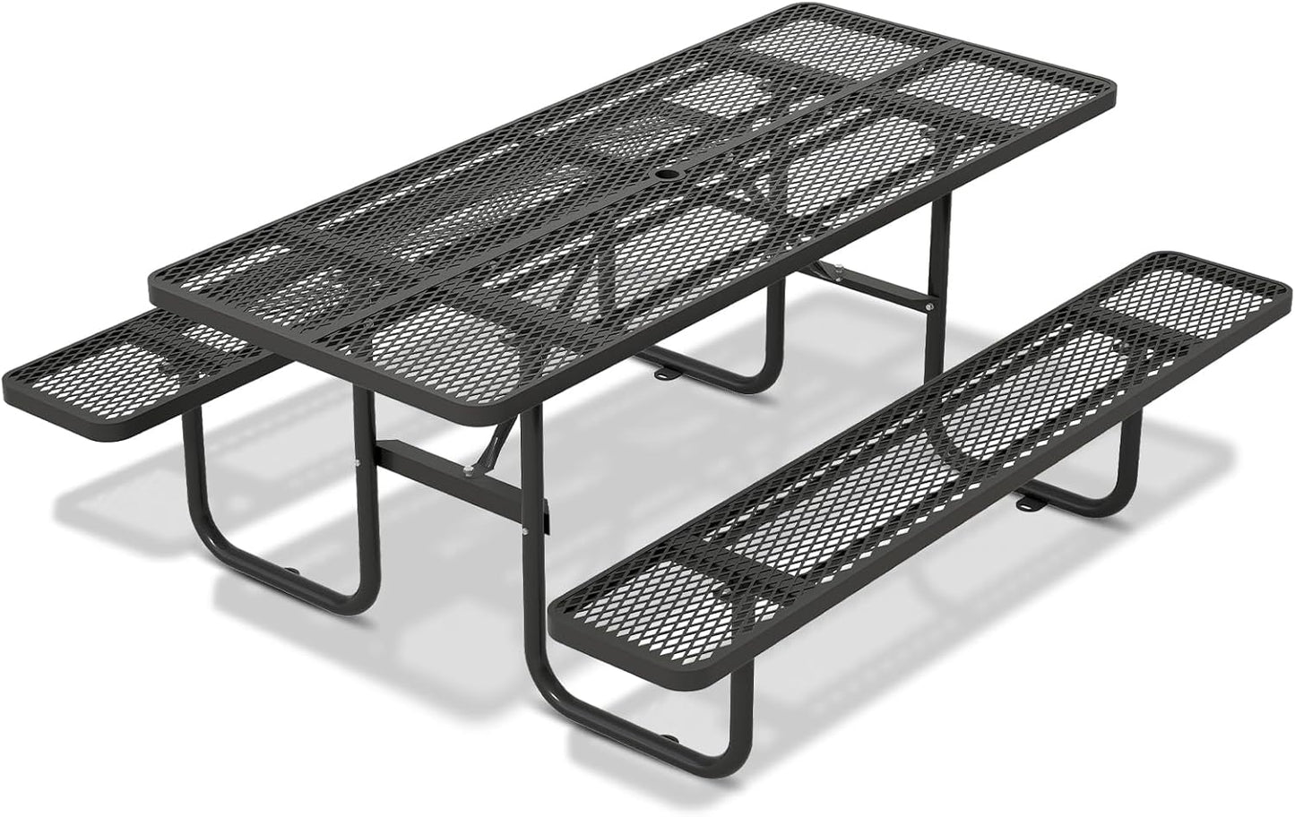 46" Round Metal Picnic Tables for Outdoors with Umbrella Hole Stainless Steel Commercial Grade Table with Seats, 8 Person Open Air Top Round Portable Outdoor Patio Picnic Table Furniture, Blue