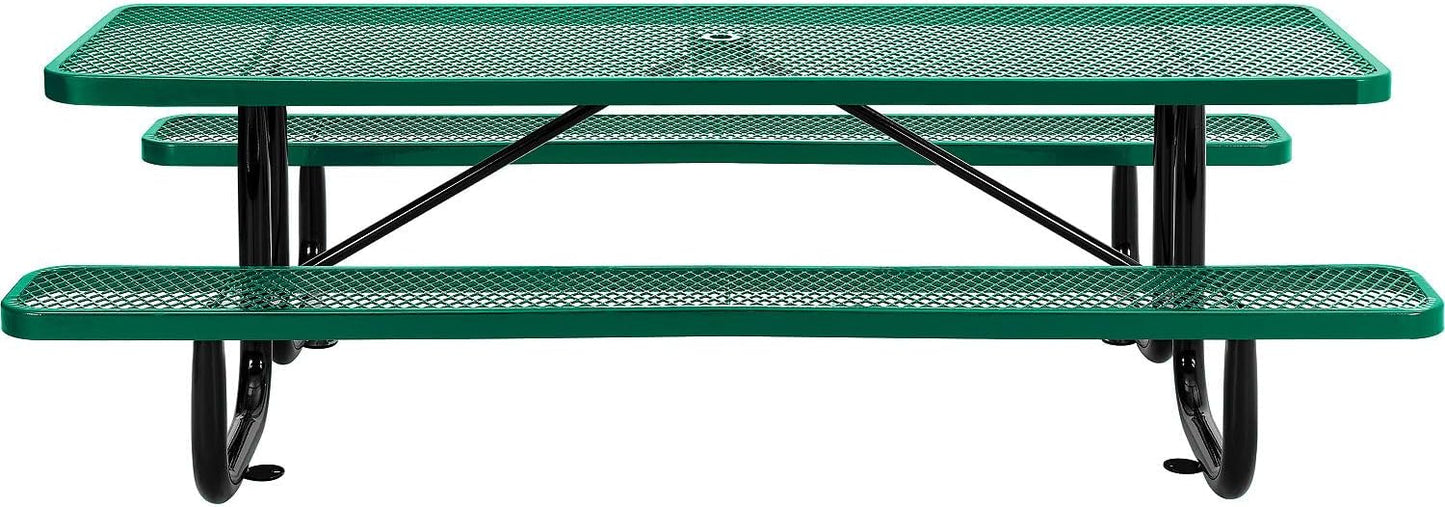 Global Industrial 8’L Rectangular Picnic Table, Expanded Metal, Green Thermoplastic Coating, Attached Benches, 1-1/2” Umbrella Pole Hole, Outdoor-Rated, 1000 lb Capacity, 96” x 30” Tabletop