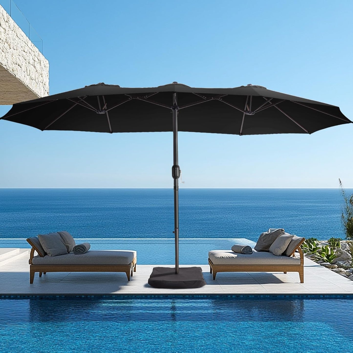 wikiwiki 15ft Large Patio Umbrellas with Base Included, Outdoor Double-Sided Umbrella with Crank Handle, Powerful UV Protective, for Pool Lawn Garden, Beige