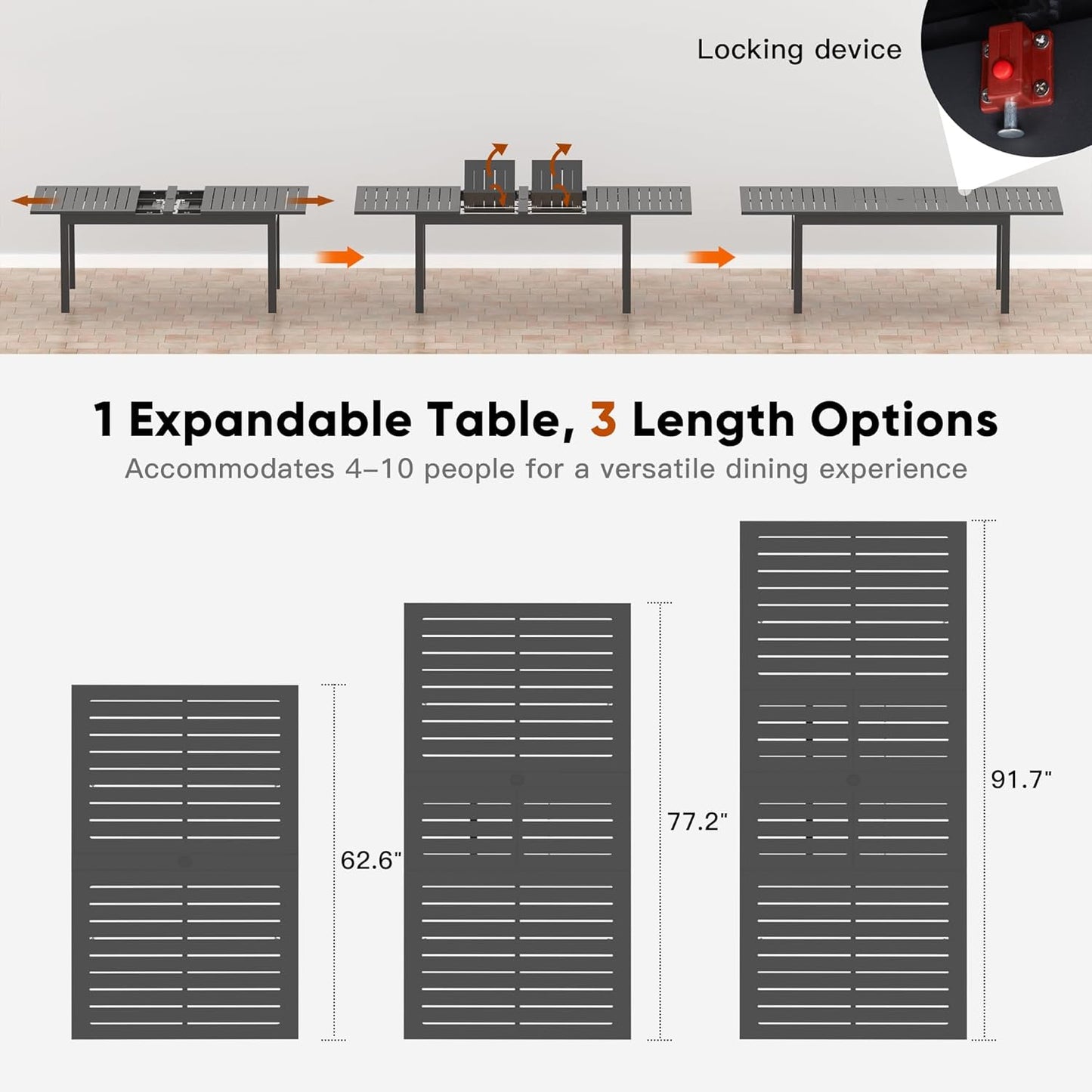 RoyalCraft Patio Expandable Table Dining Set for 4 to 10, Aluminum Outdoor Dining Table, Rectangular Patio Metal Table with Umbrella Hole for Backyard Porch, Deck ? Garden, Easy Assembly, Dark Grey