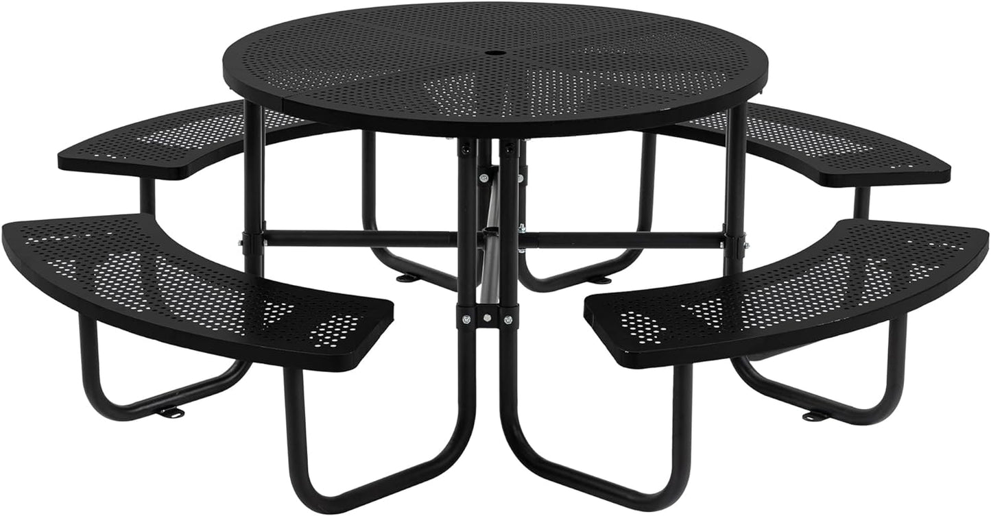 46" Round Metal Picnic Tables for Outdoors with Umbrella Hole Stainless Steel Commercial Grade Table with Seats, 8 Person Open Air Top Round Portable Outdoor Patio Picnic Table Furniture, Blue